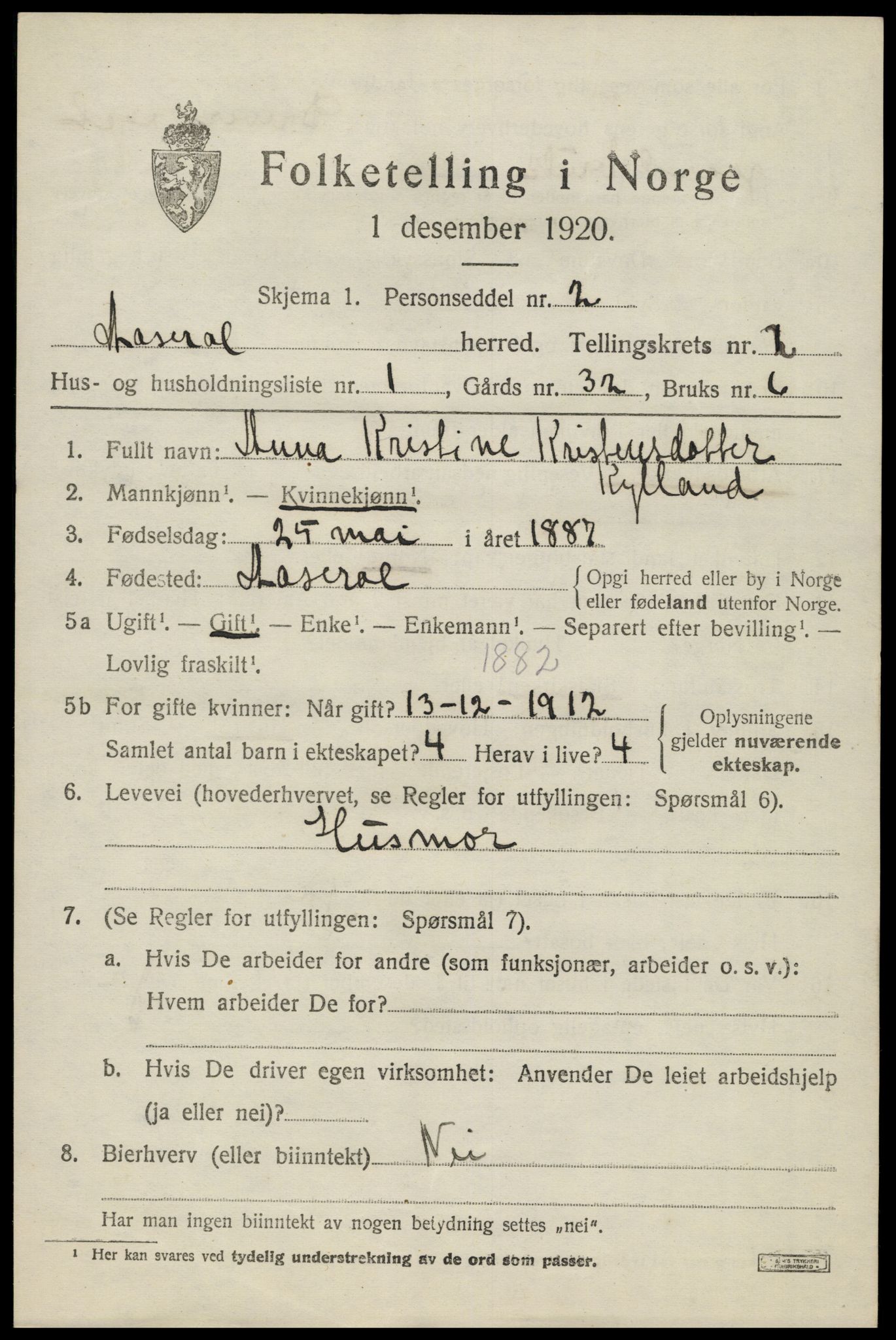 SAK, 1920 census for Åseral, 1920, p. 774