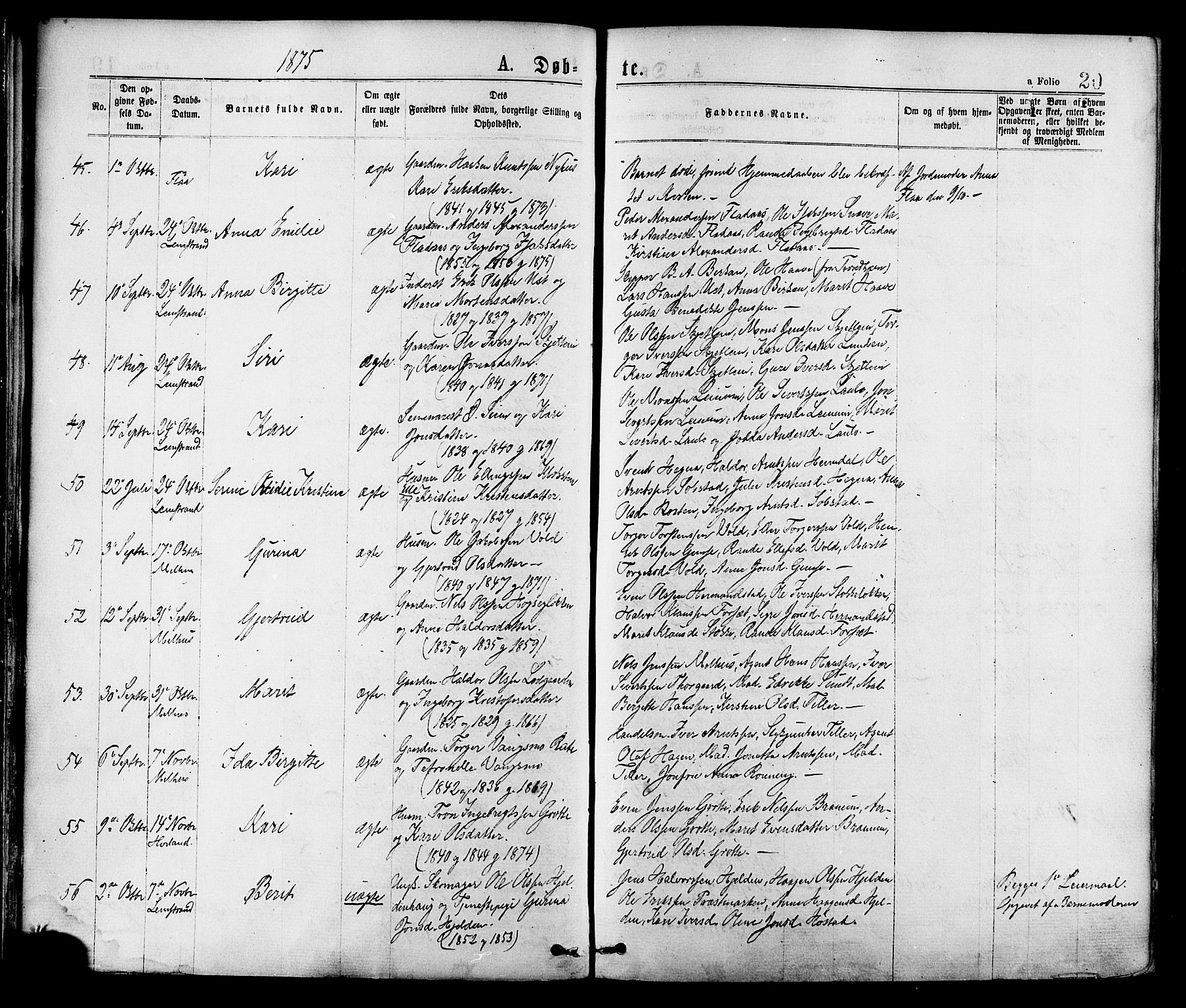 Ministerialprotokoller, klokkerbøker og fødselsregistre - Sør-Trøndelag, AV/SAT-A-1456/691/L1079: Parish register (official) no. 691A11, 1873-1886, p. 20