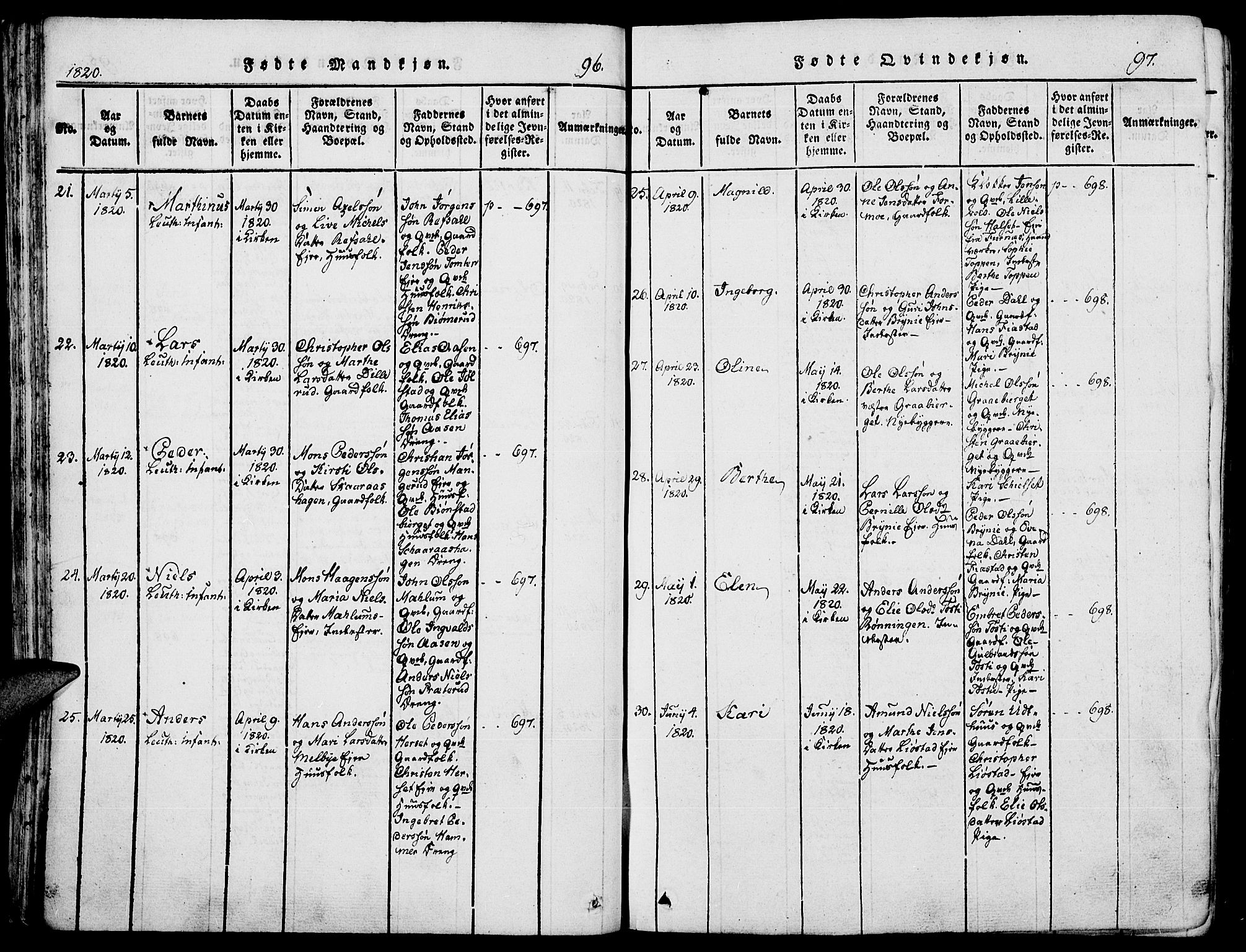 Romedal prestekontor, AV/SAH-PREST-004/K/L0002: Parish register (official) no. 2, 1814-1828, p. 96-97