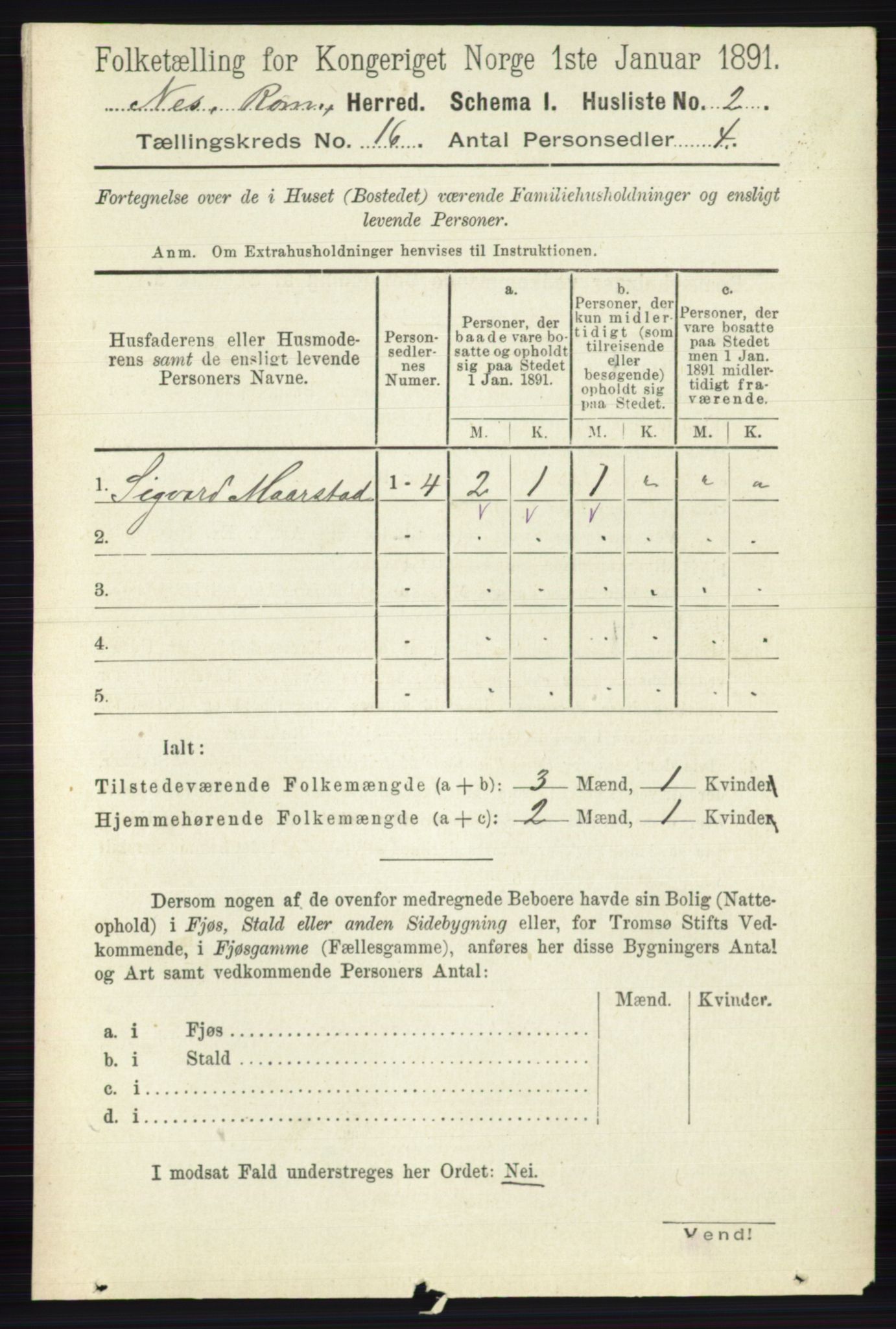 RA, 1891 census for 0236 Nes, 1891, p. 9500