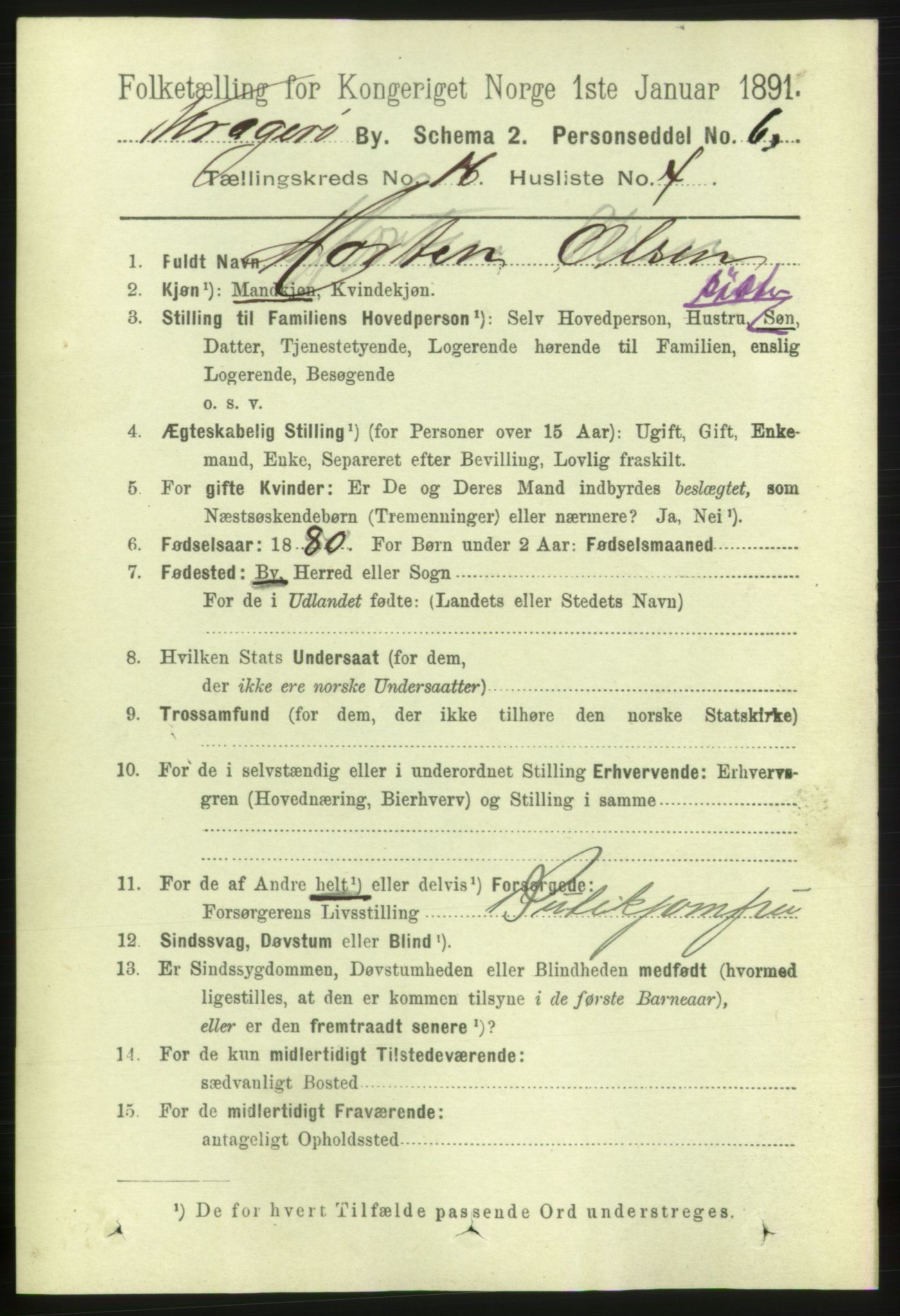 RA, 1891 census for 0801 Kragerø, 1891, p. 4323