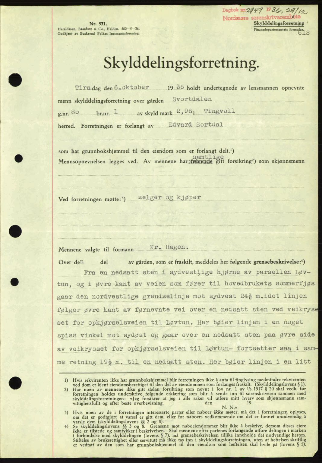 Nordmøre sorenskriveri, AV/SAT-A-4132/1/2/2Ca: Mortgage book no. A80, 1936-1937, Diary no: : 2949/1936