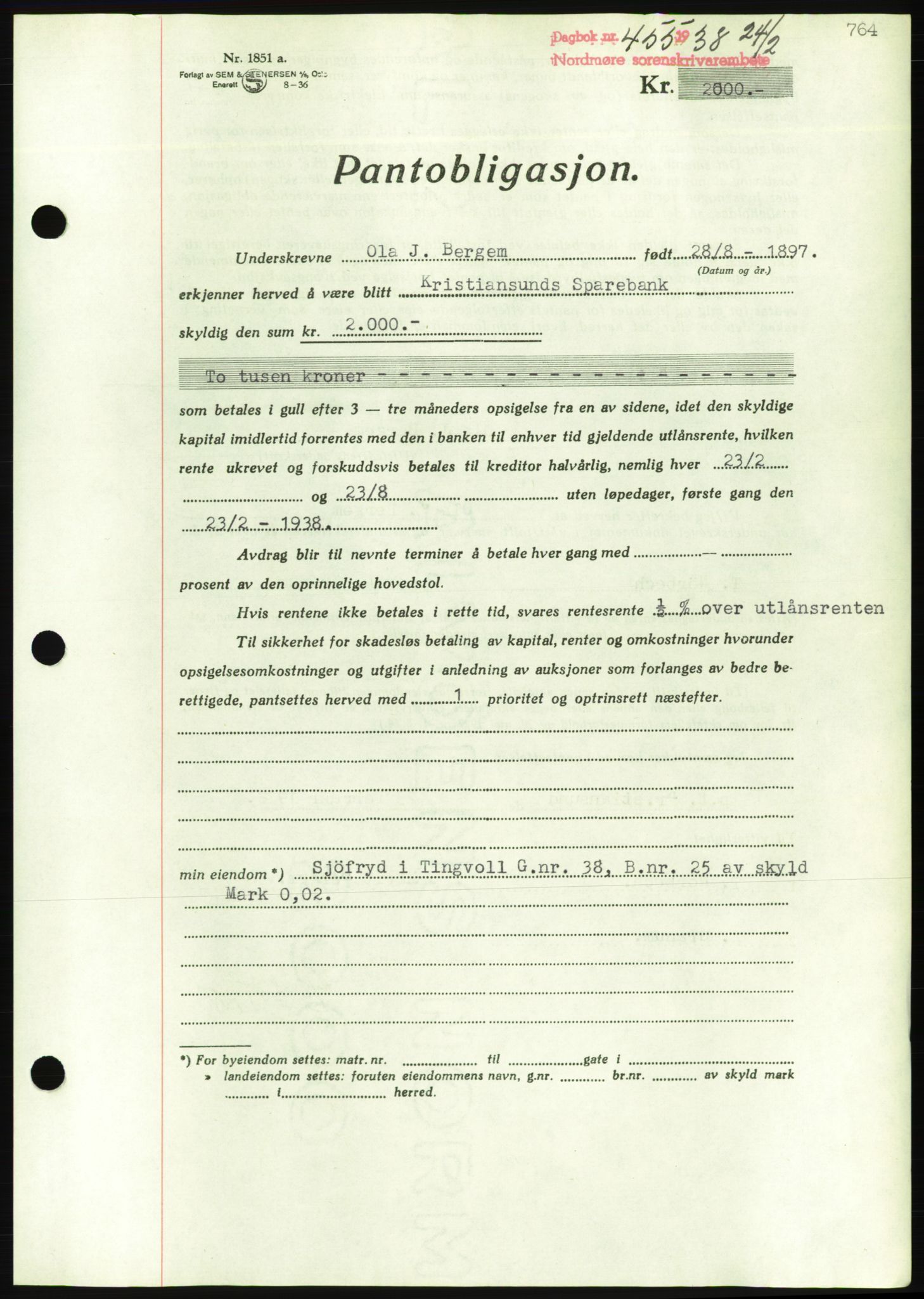 Nordmøre sorenskriveri, AV/SAT-A-4132/1/2/2Ca/L0092: Mortgage book no. B82, 1937-1938, Diary no: : 455/1938