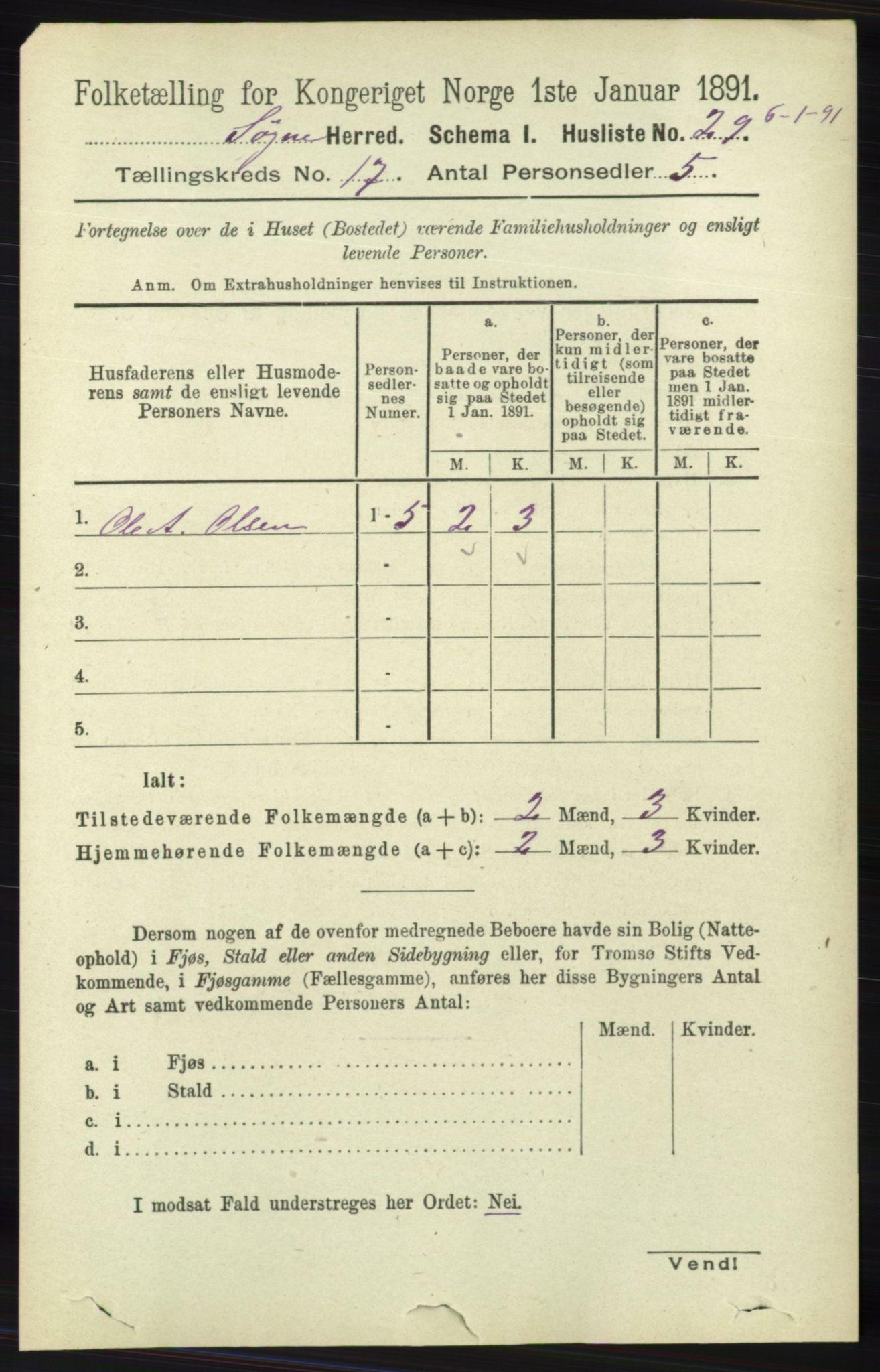 RA, 1891 census for 1018 Søgne, 1891, p. 4495