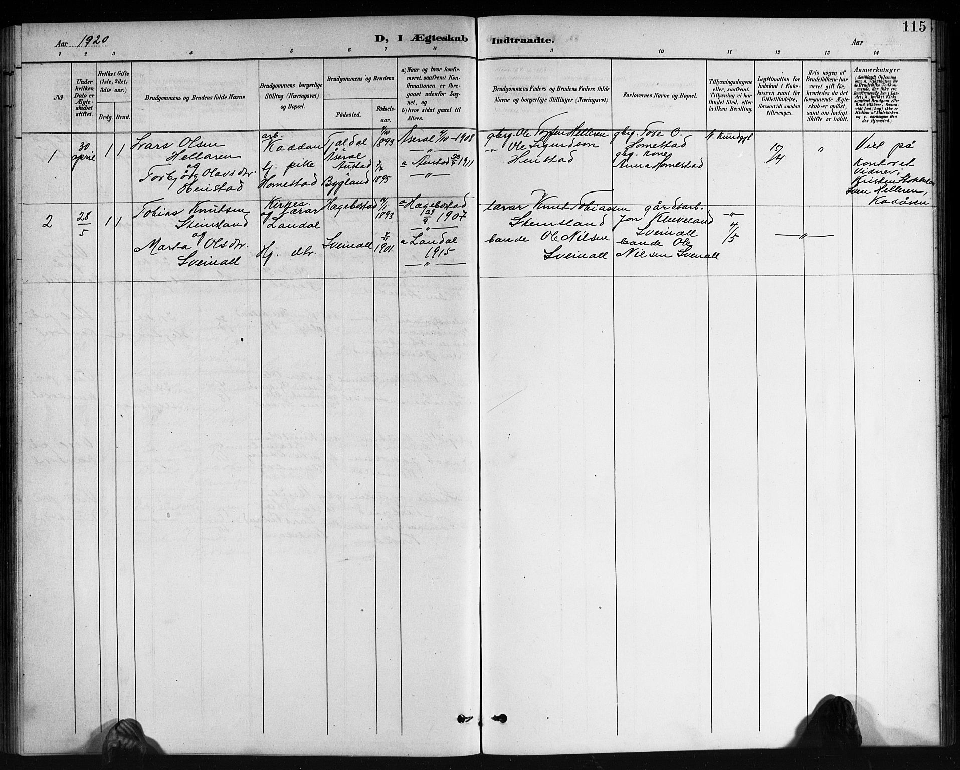 Holum sokneprestkontor, AV/SAK-1111-0022/F/Fb/Fbb/L0004: Parish register (copy) no. B 4, 1899-1920, p. 115