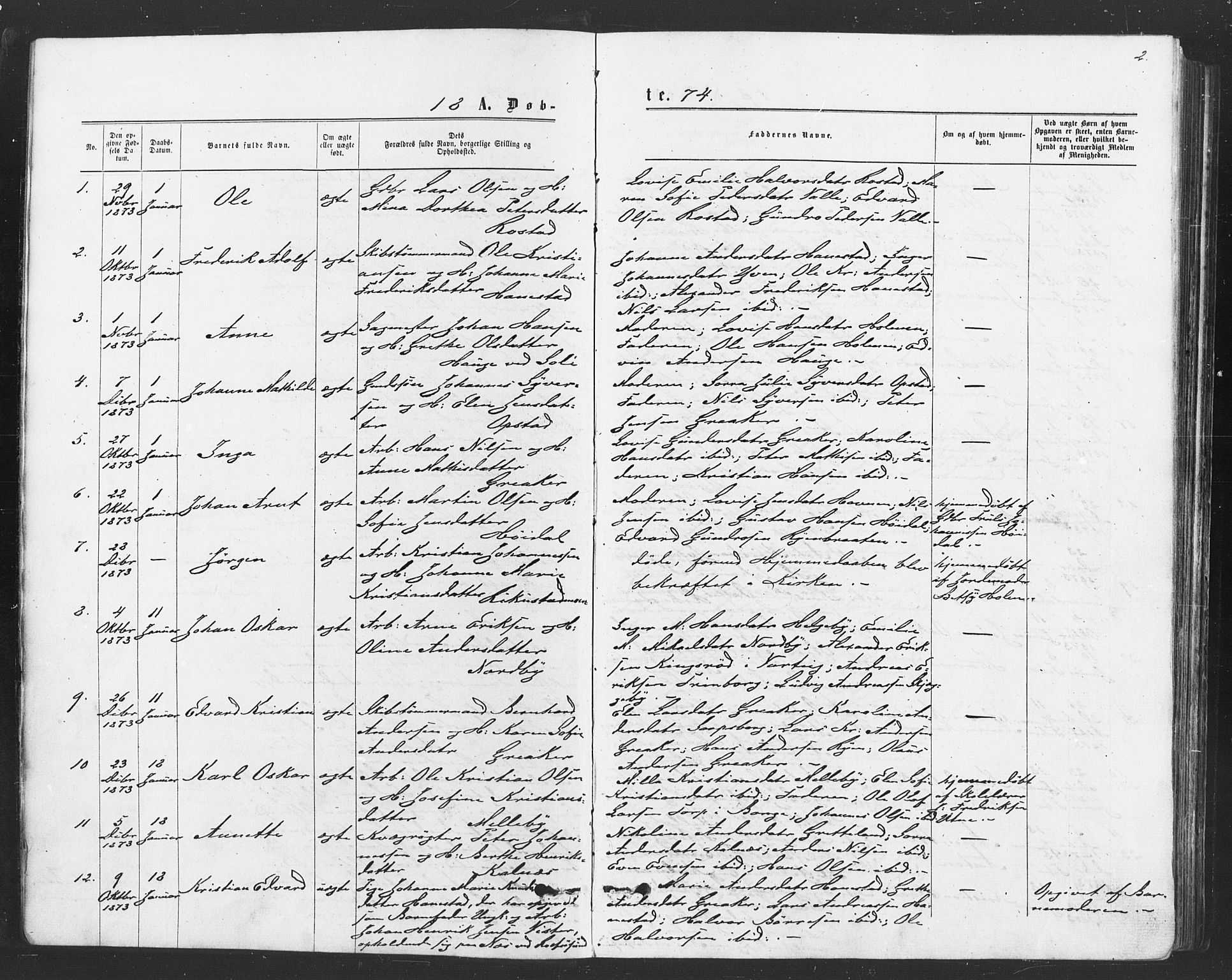 Tune prestekontor Kirkebøker, SAO/A-2007/F/Fa/L0016: Parish register (official) no. 16, 1874-1877, p. 2