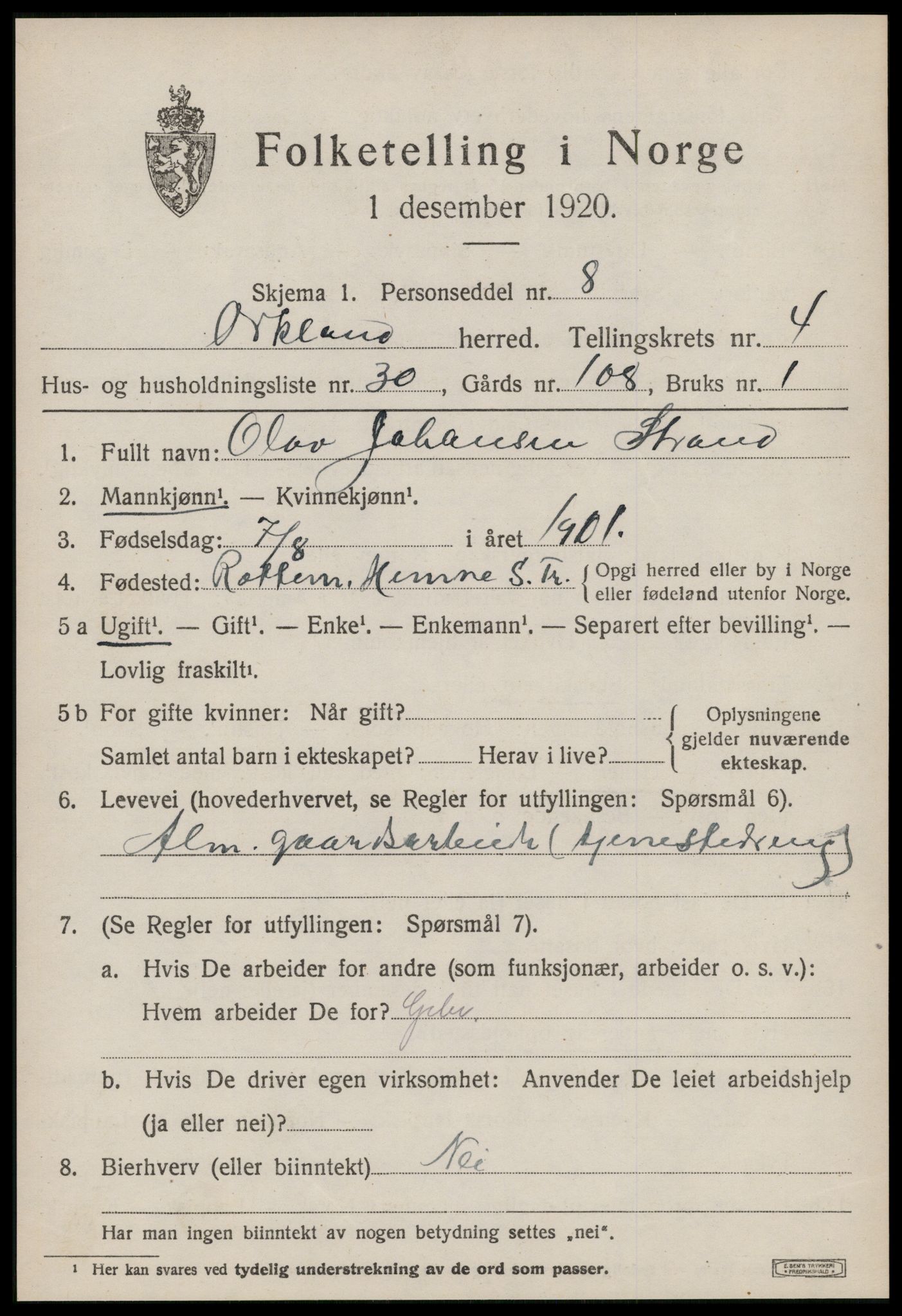 SAT, 1920 census for Orkland, 1920, p. 3686