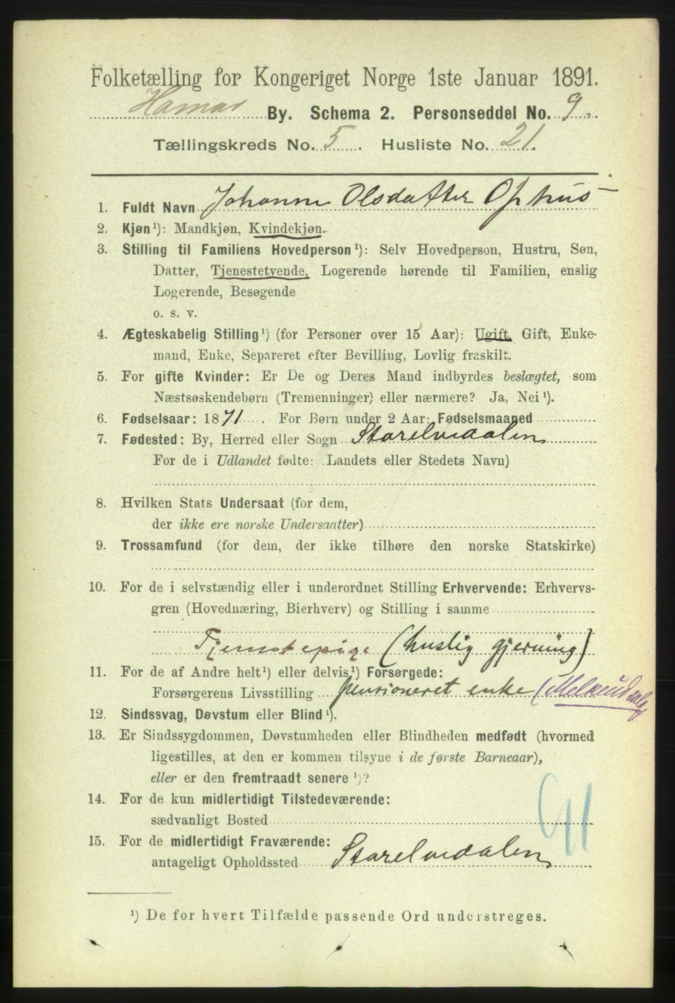 RA, 1891 census for 0401 Hamar, 1891, p. 4047