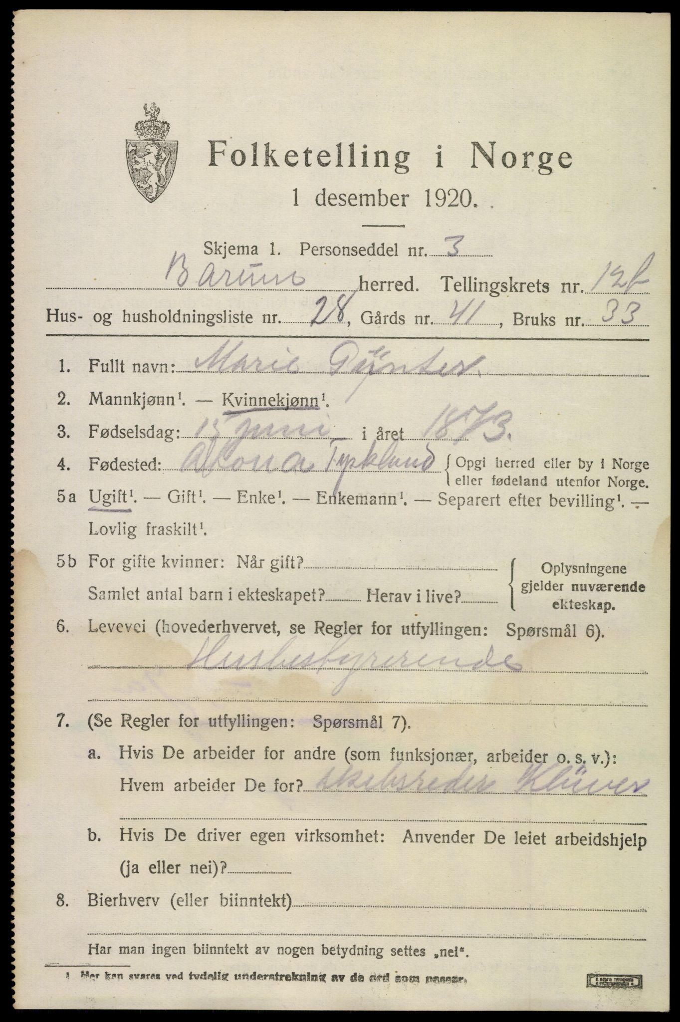 SAO, 1920 census for Bærum, 1920, p. 33024