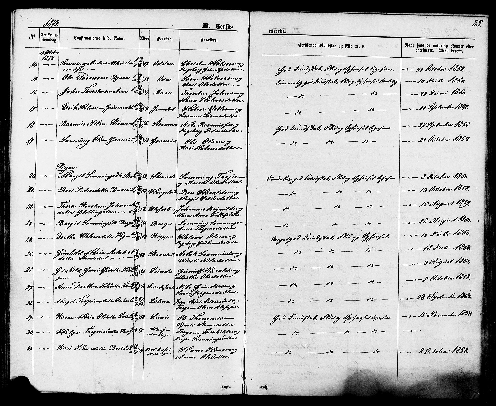 Lunde kirkebøker, SAKO/A-282/F/Fa/L0001: Parish register (official) no. I 1, 1866-1883, p. 83