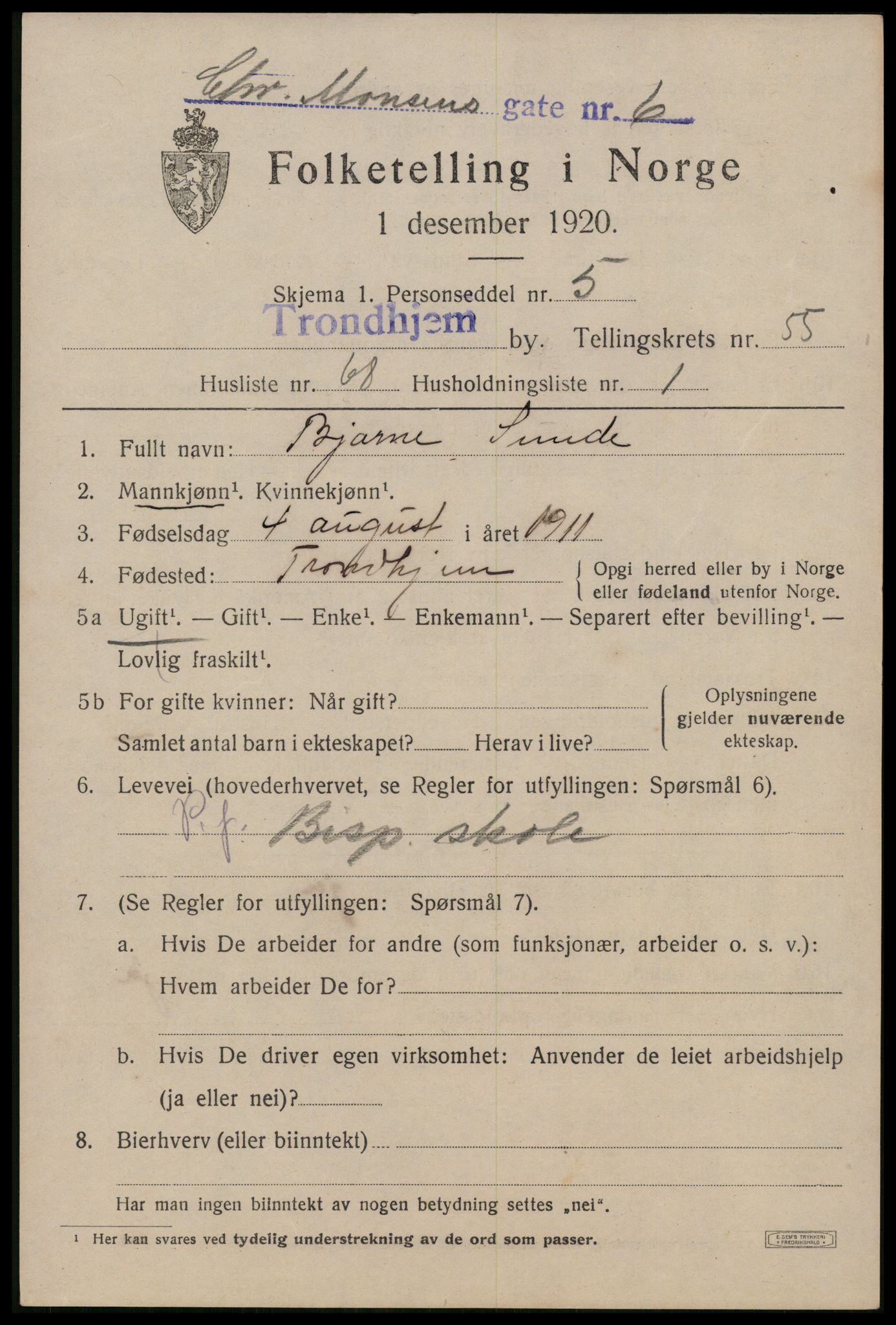 SAT, 1920 census for Trondheim, 1920, p. 110858