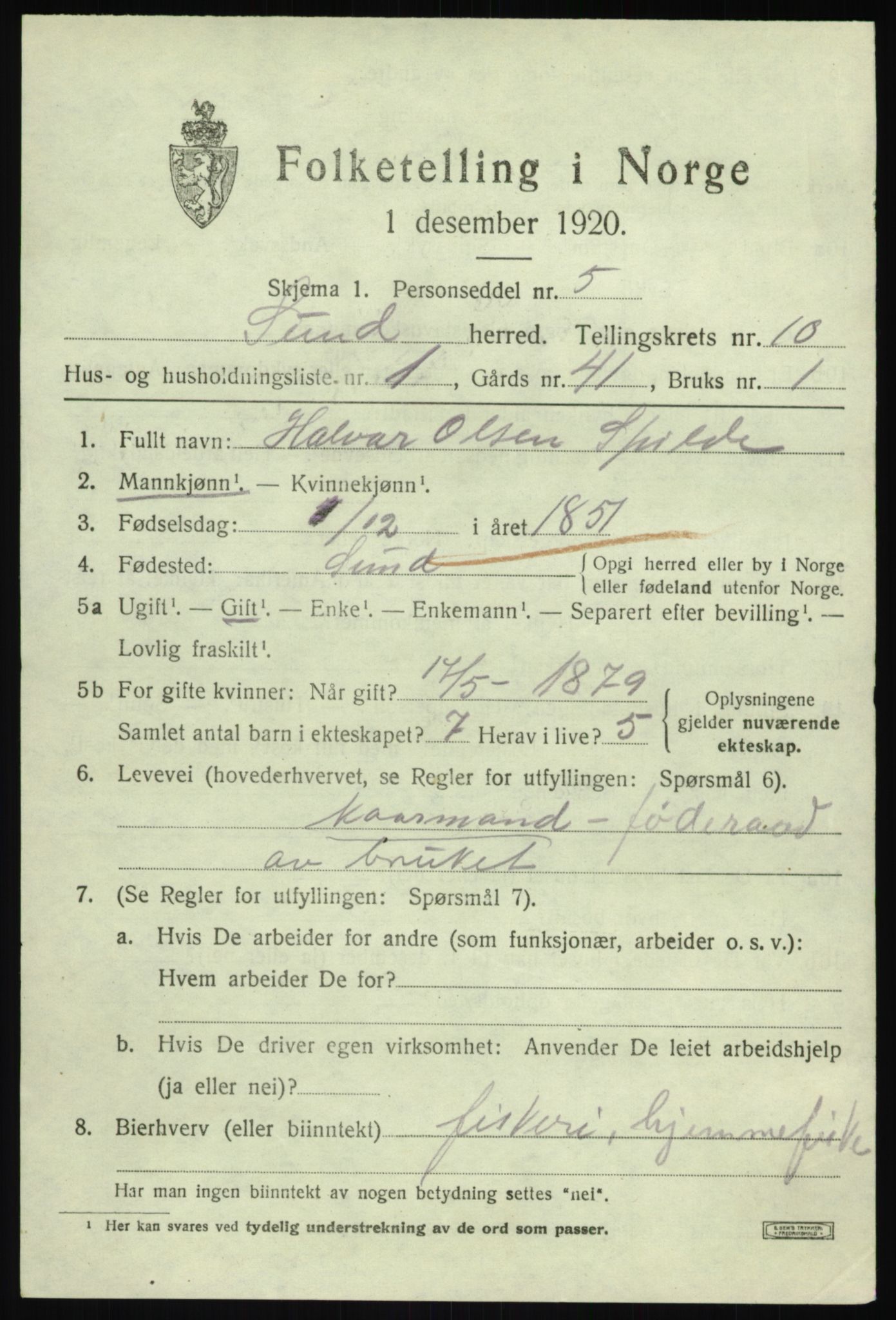 SAB, 1920 census for Sund, 1920, p. 6051