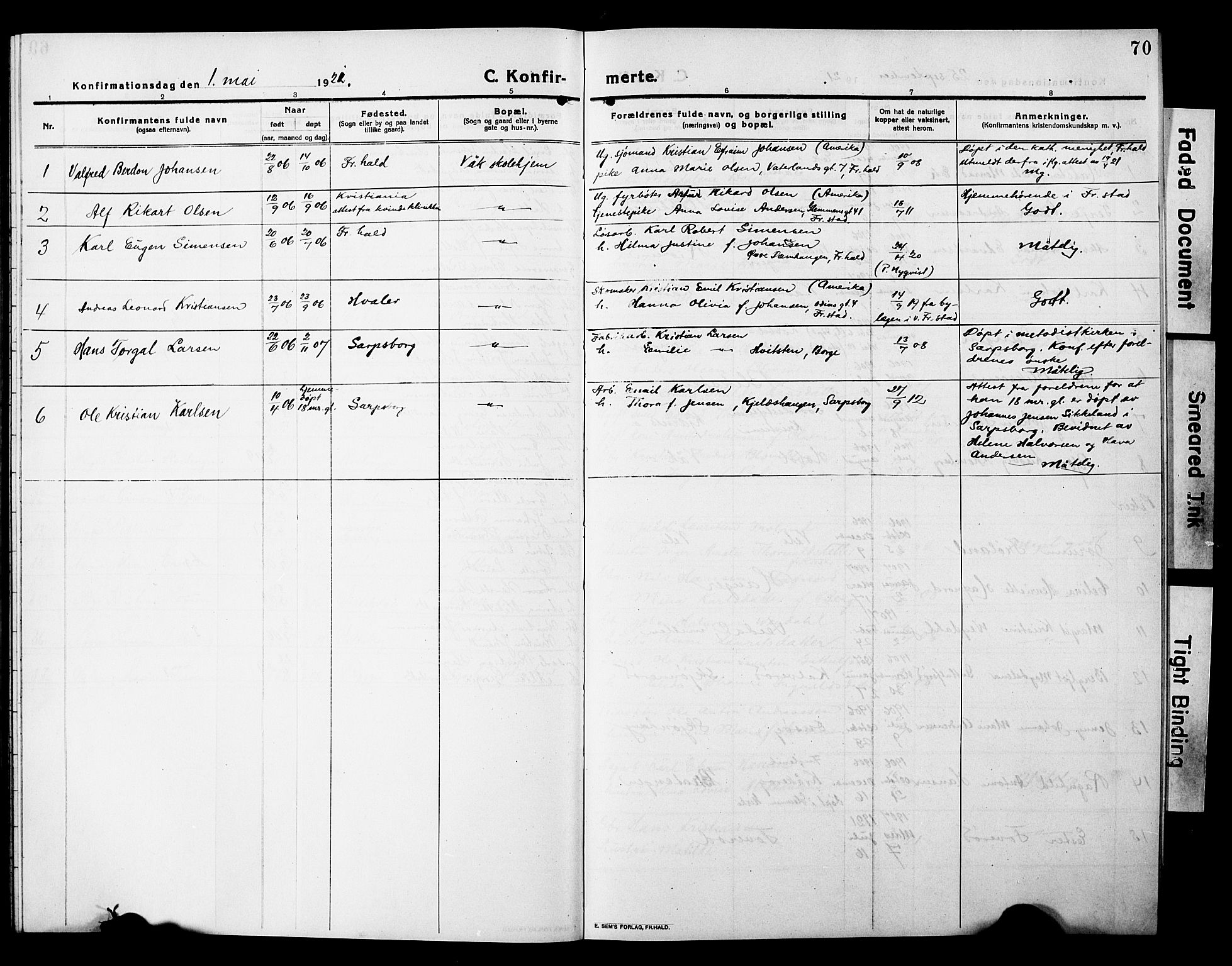 Våler prestekontor Kirkebøker, AV/SAO-A-11083/G/Ga/L0005: Parish register (copy) no. I 5, 1915-1931, p. 70