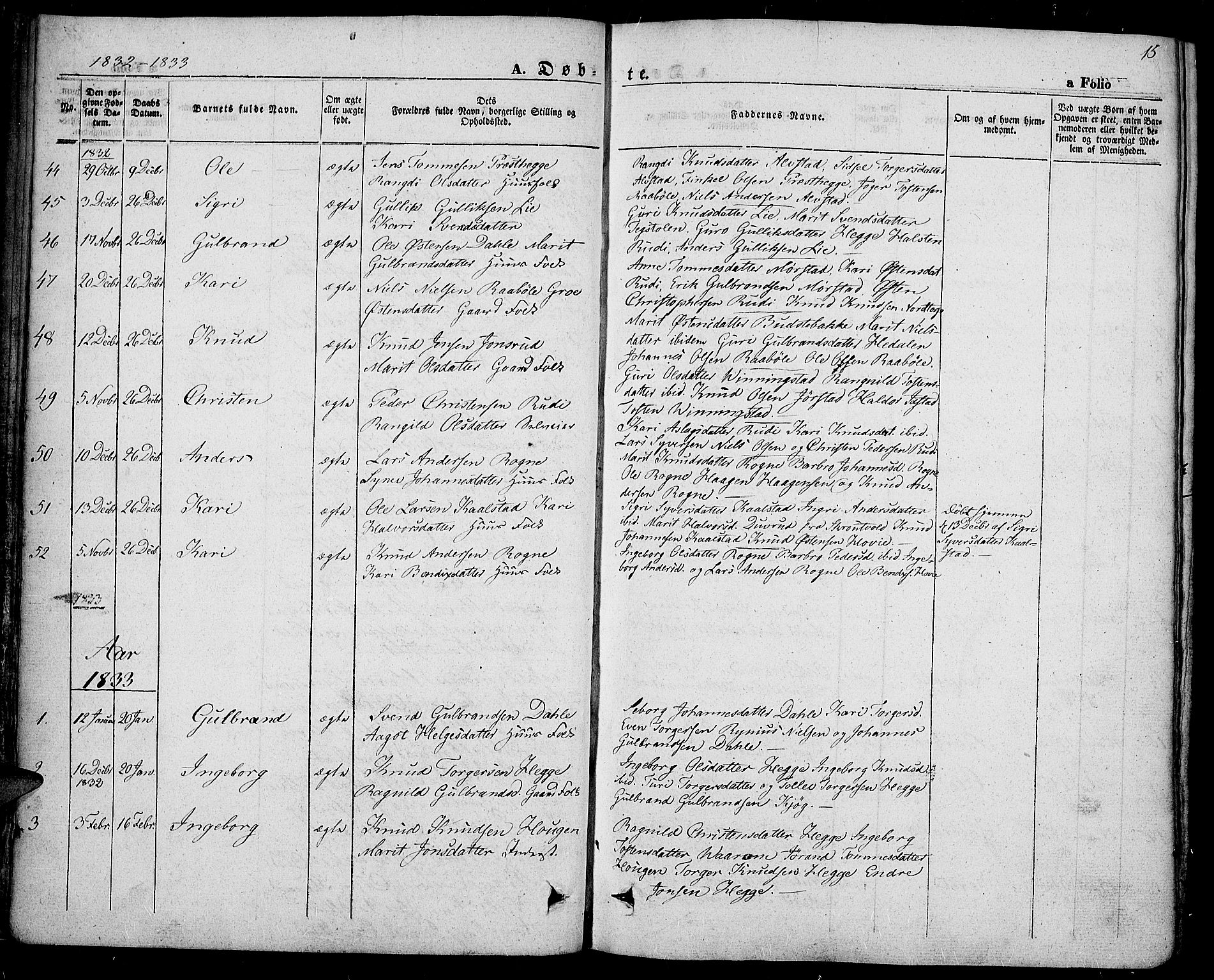 Slidre prestekontor, SAH/PREST-134/H/Ha/Haa/L0004: Parish register (official) no. 4, 1831-1848, p. 15