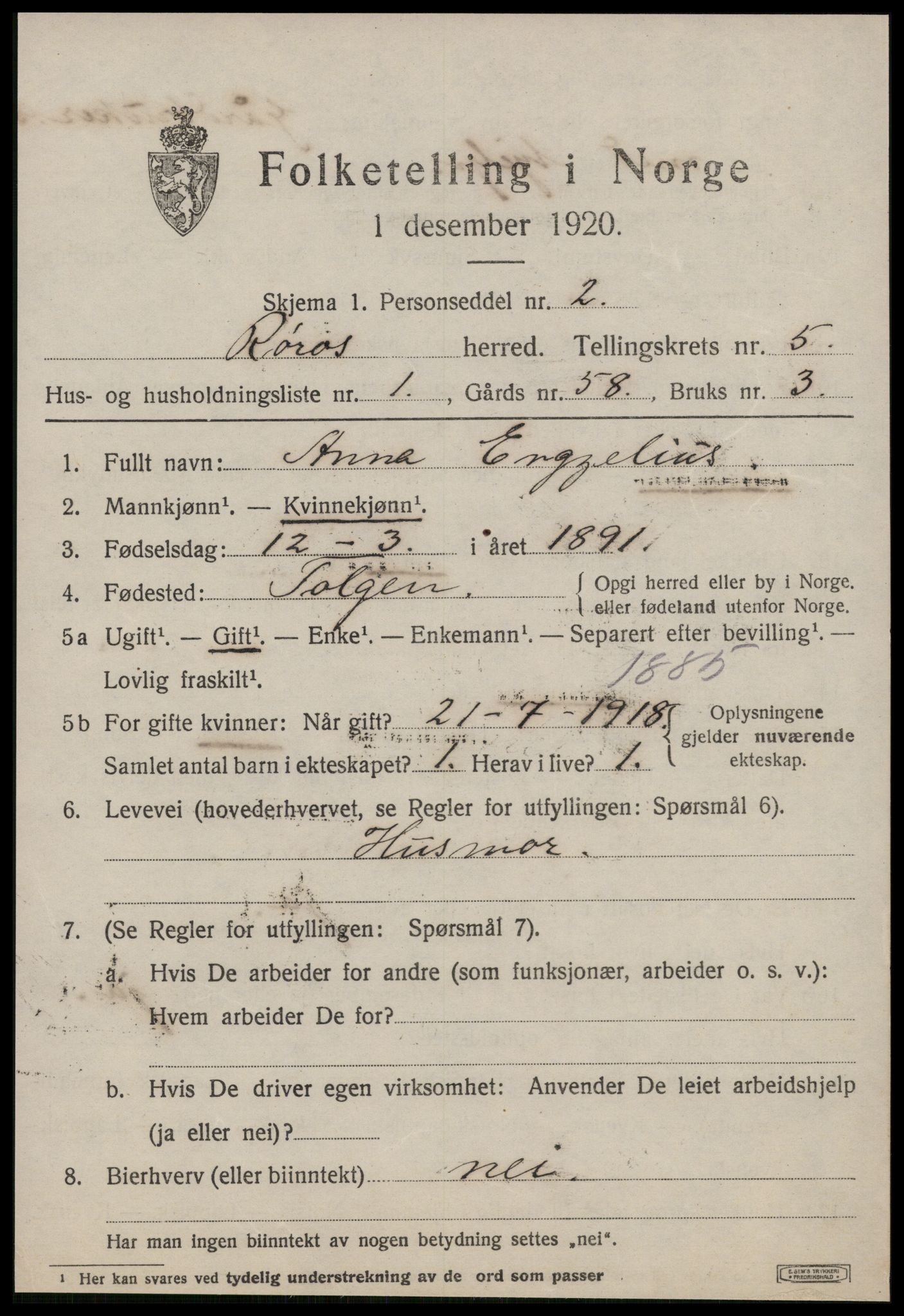 SAT, 1920 census for Røros, 1920, p. 5554