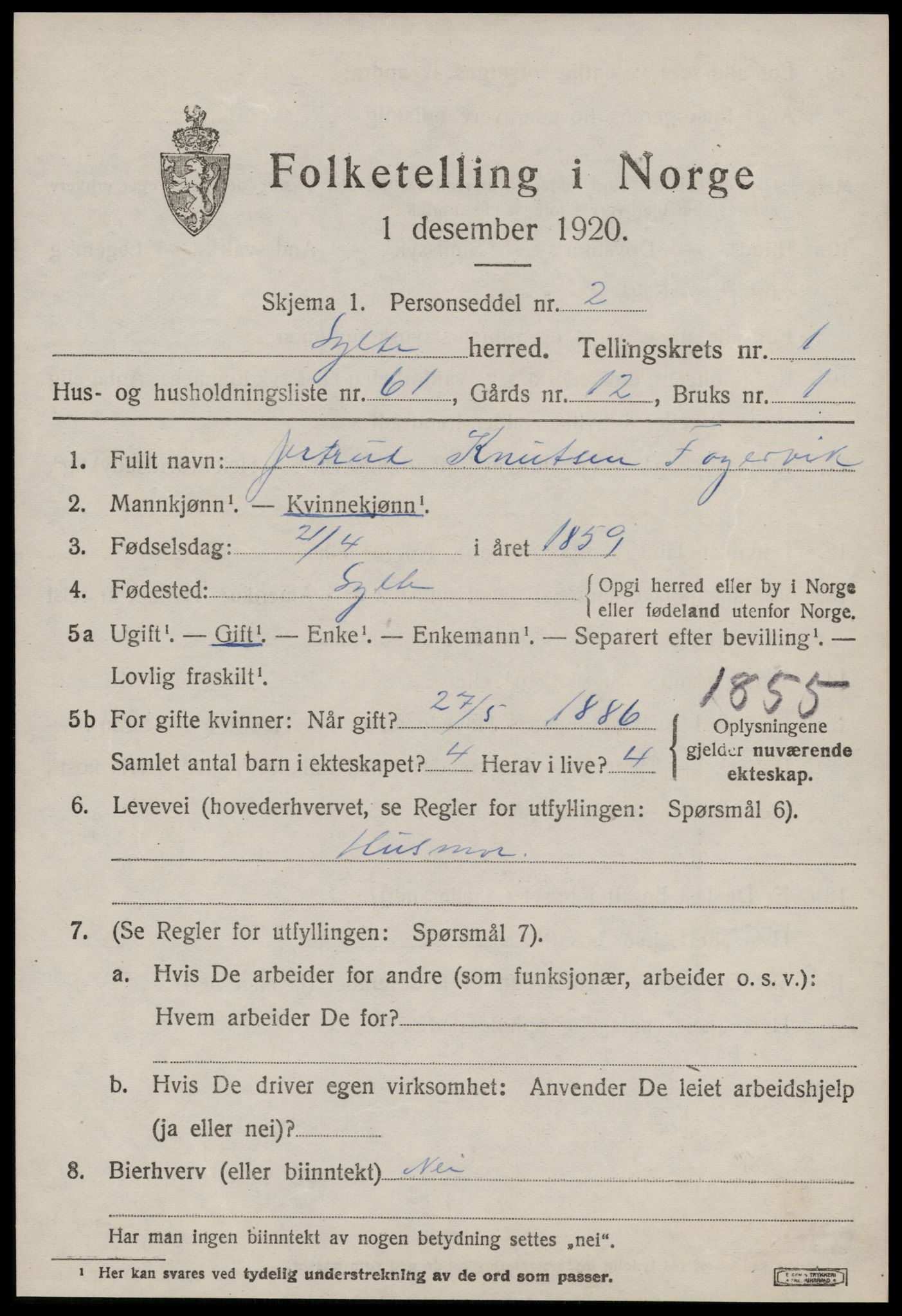 SAT, 1920 census for Sylte, 1920, p. 1169