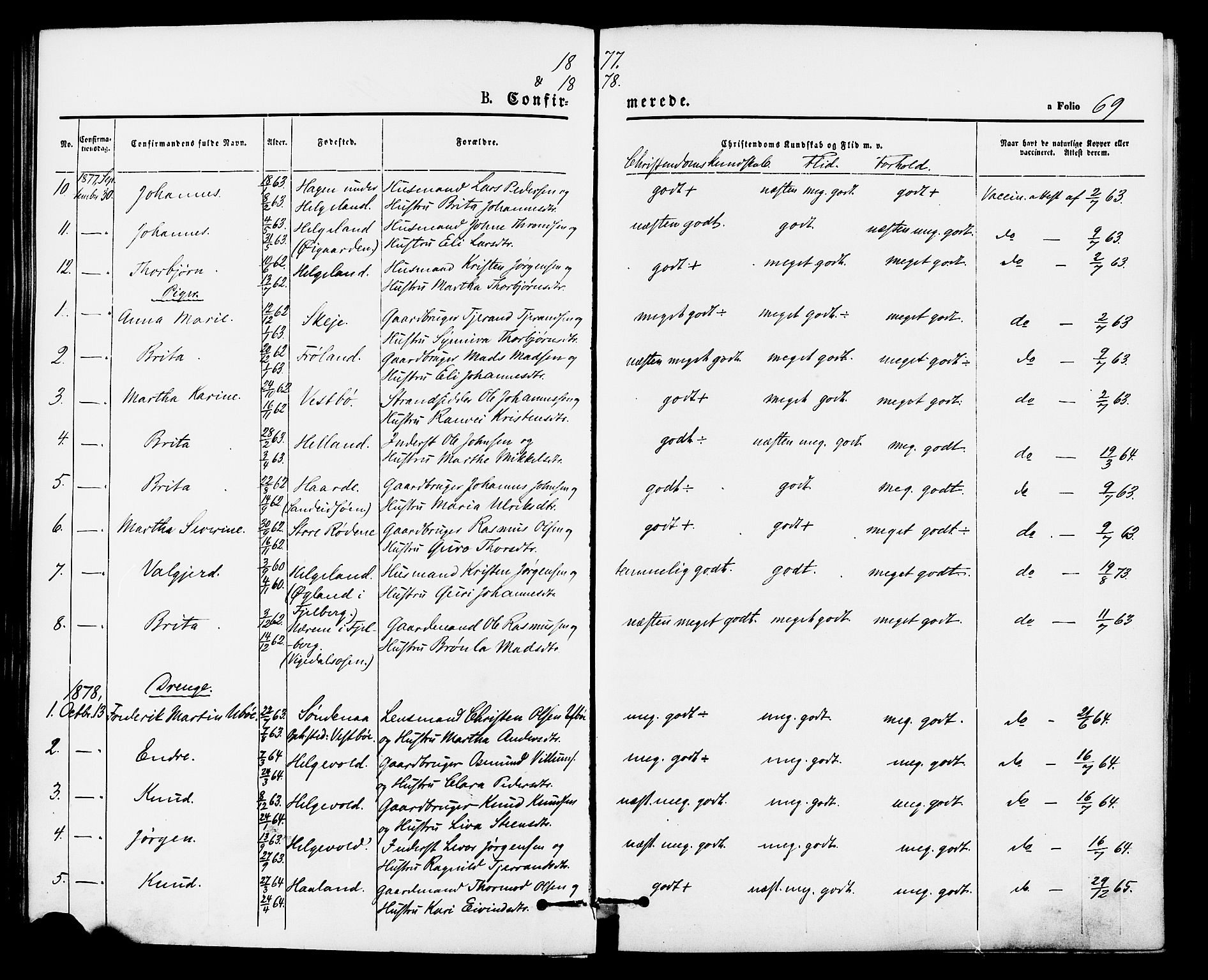 Vikedal sokneprestkontor, AV/SAST-A-101840/01/IV: Parish register (official) no. A 8, 1868-1885, p. 69