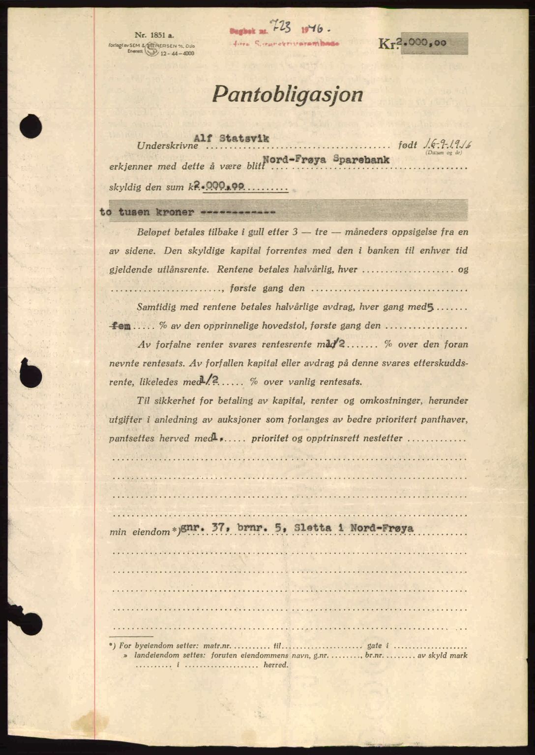 Hitra sorenskriveri, AV/SAT-A-0018/2/2C/2Ca: Mortgage book no. B1, 1939-1949, Diary no: : 723/1946