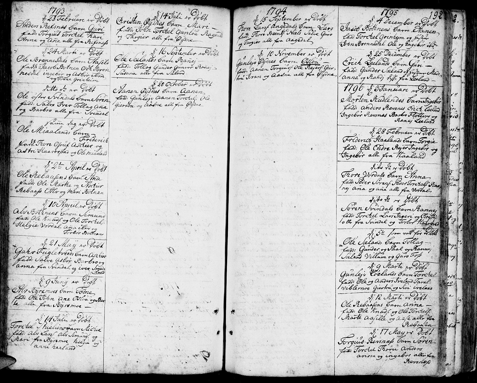 Bjelland sokneprestkontor, SAK/1111-0005/F/Fa/Faa/L0001: Parish register (official) no. A 1 /3, 1793-1815, p. 192