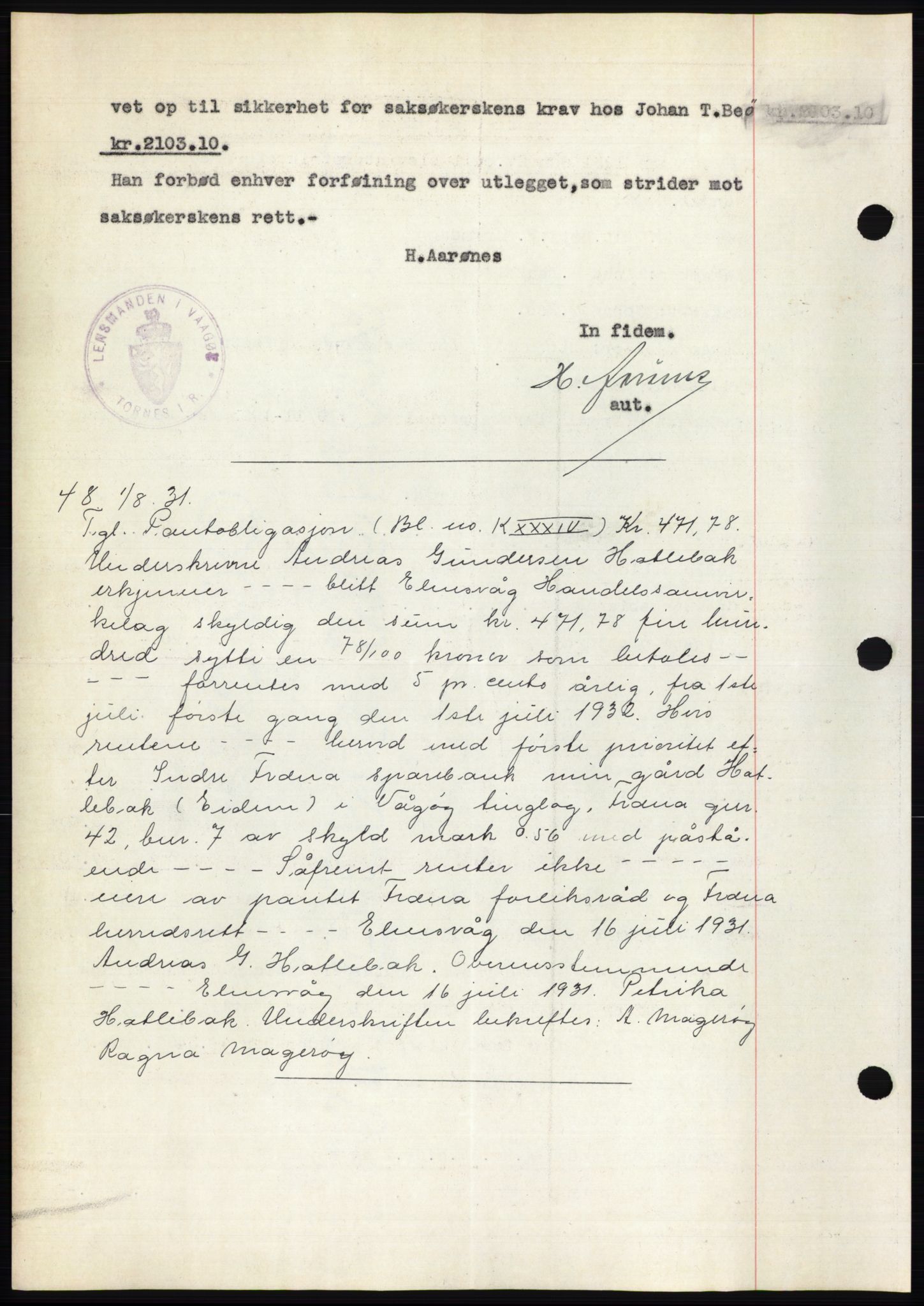 Romsdal sorenskriveri, AV/SAT-A-4149/1/2/2C/L0059: Mortgage book no. 53, 1931-1931, Deed date: 01.08.1931