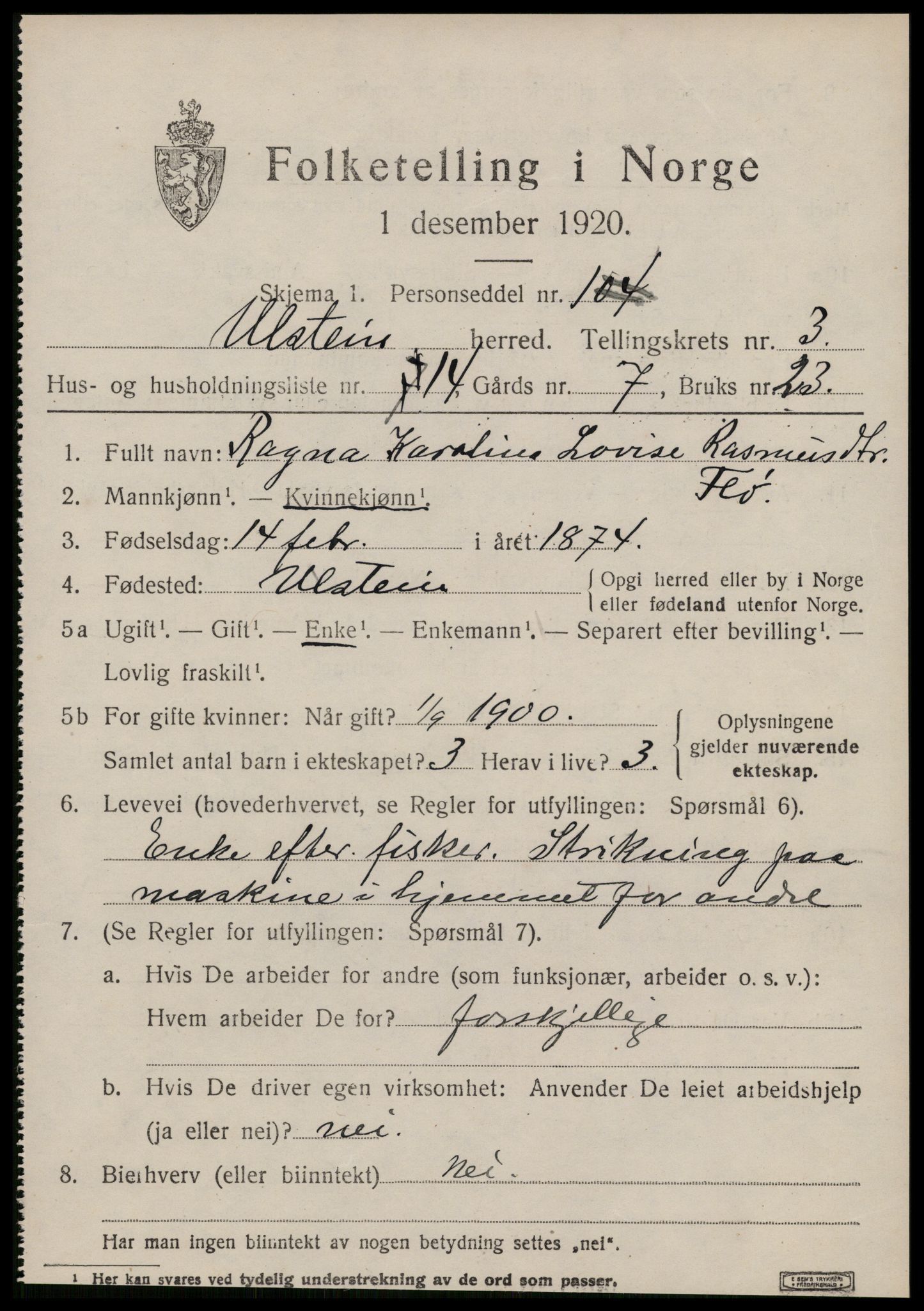 SAT, 1920 census for Ulstein, 1920, p. 1828