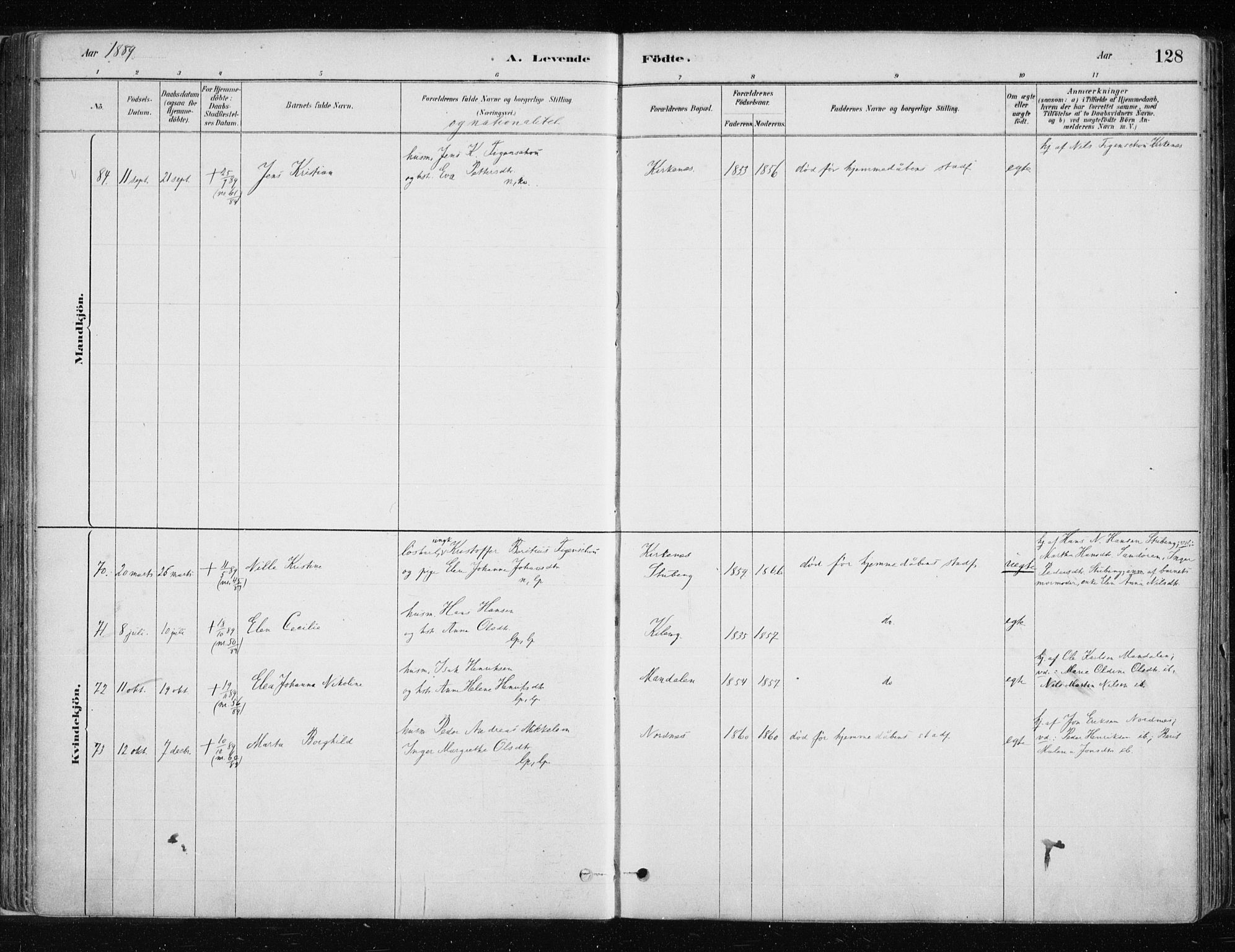 Lyngen sokneprestembete, AV/SATØ-S-1289/H/He/Hea/L0007kirke: Parish register (official) no. 7, 1879-1890, p. 128