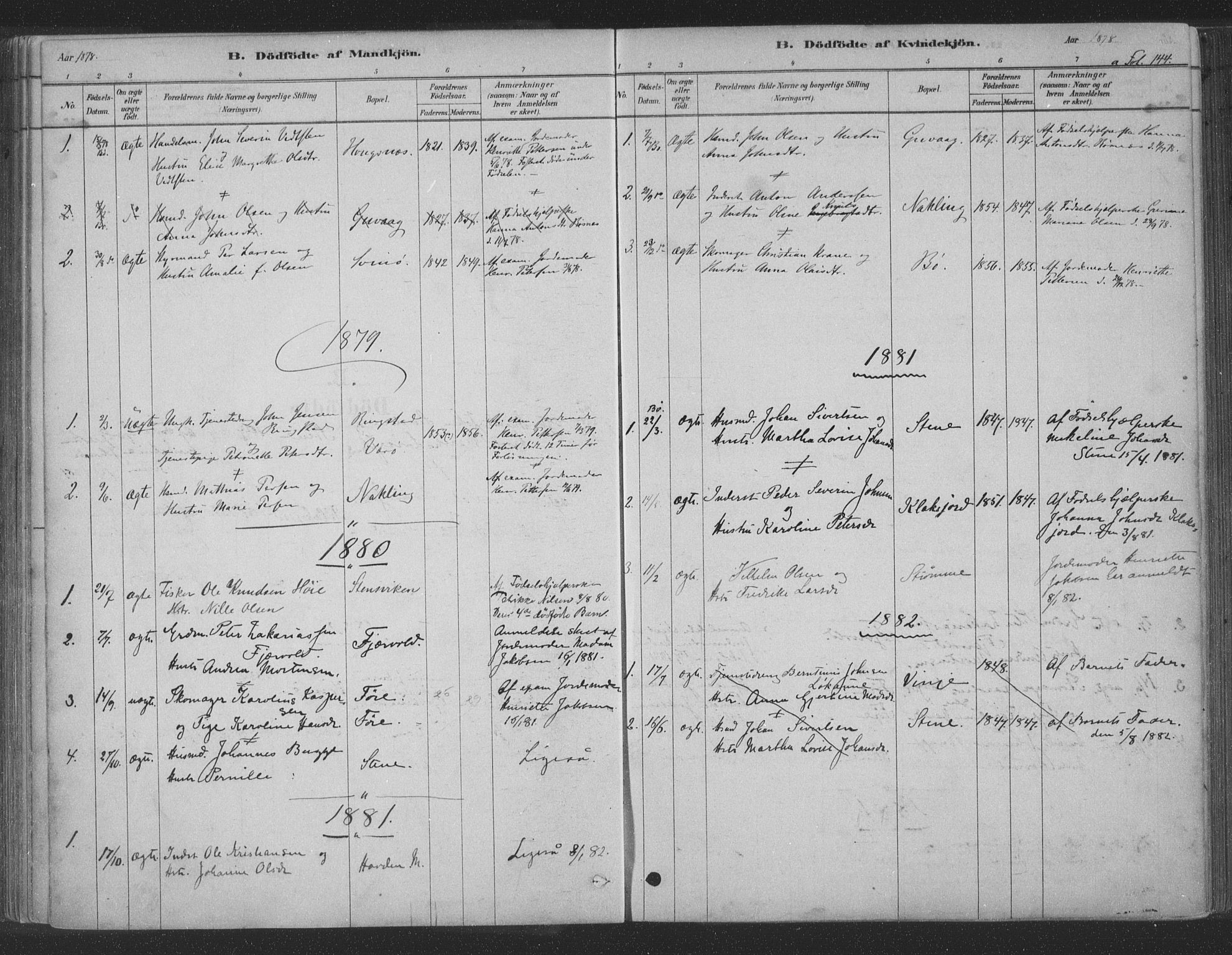 Ministerialprotokoller, klokkerbøker og fødselsregistre - Nordland, AV/SAT-A-1459/891/L1302: Parish register (official) no. 891A07, 1878-1895, p. 144