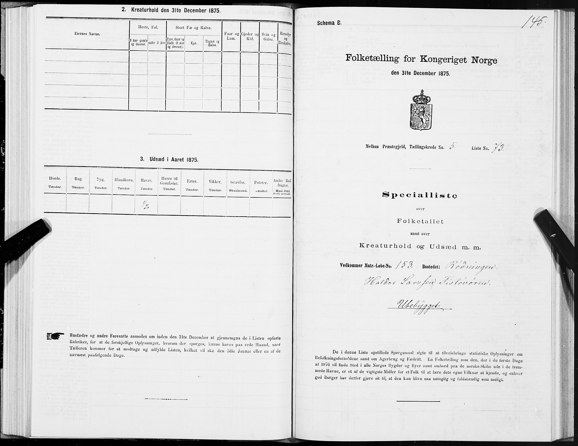 SAT, 1875 census for 1653P Melhus, 1875, p. 4145