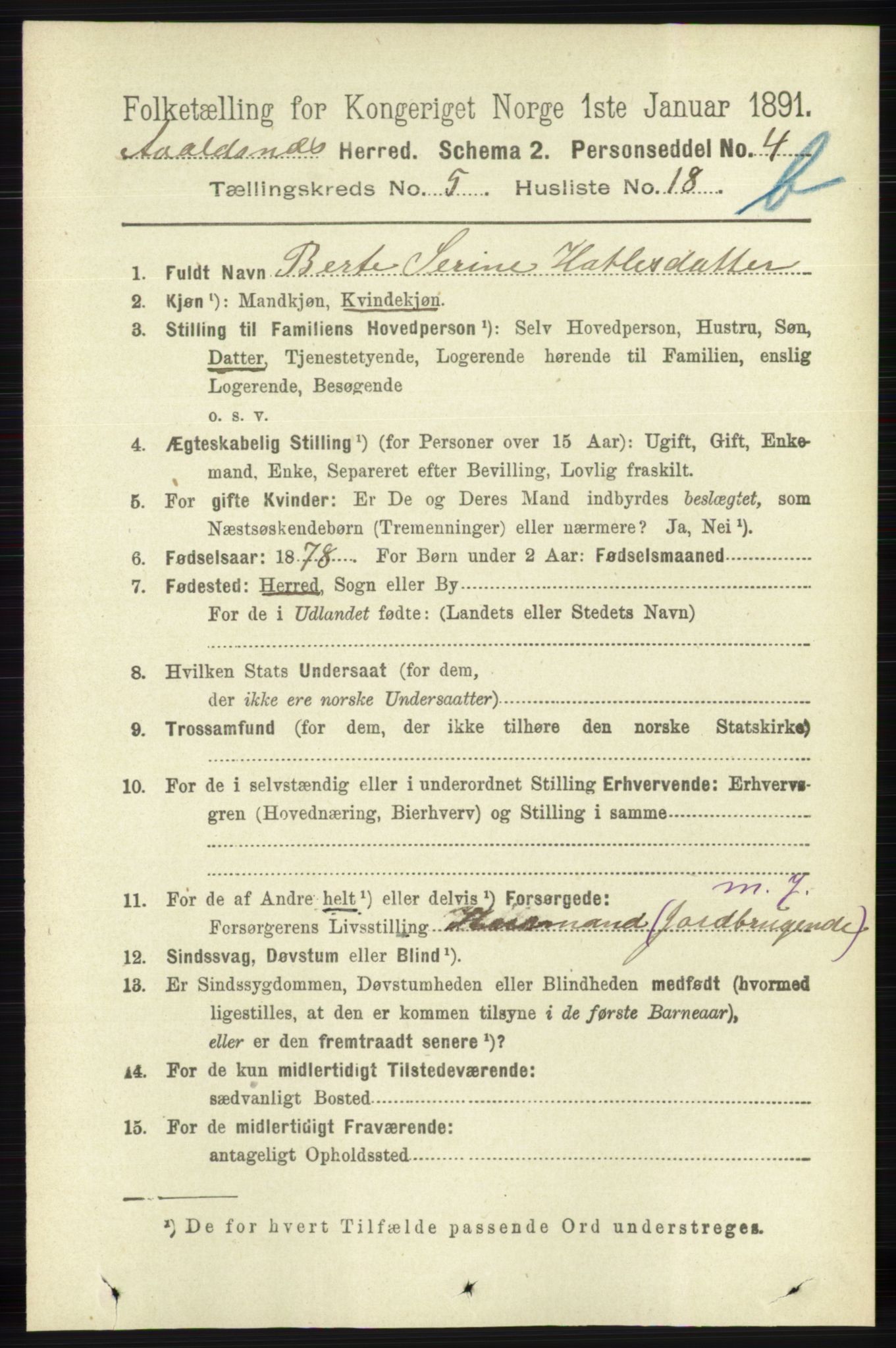 RA, 1891 census for 1147 Avaldsnes, 1891, p. 3106