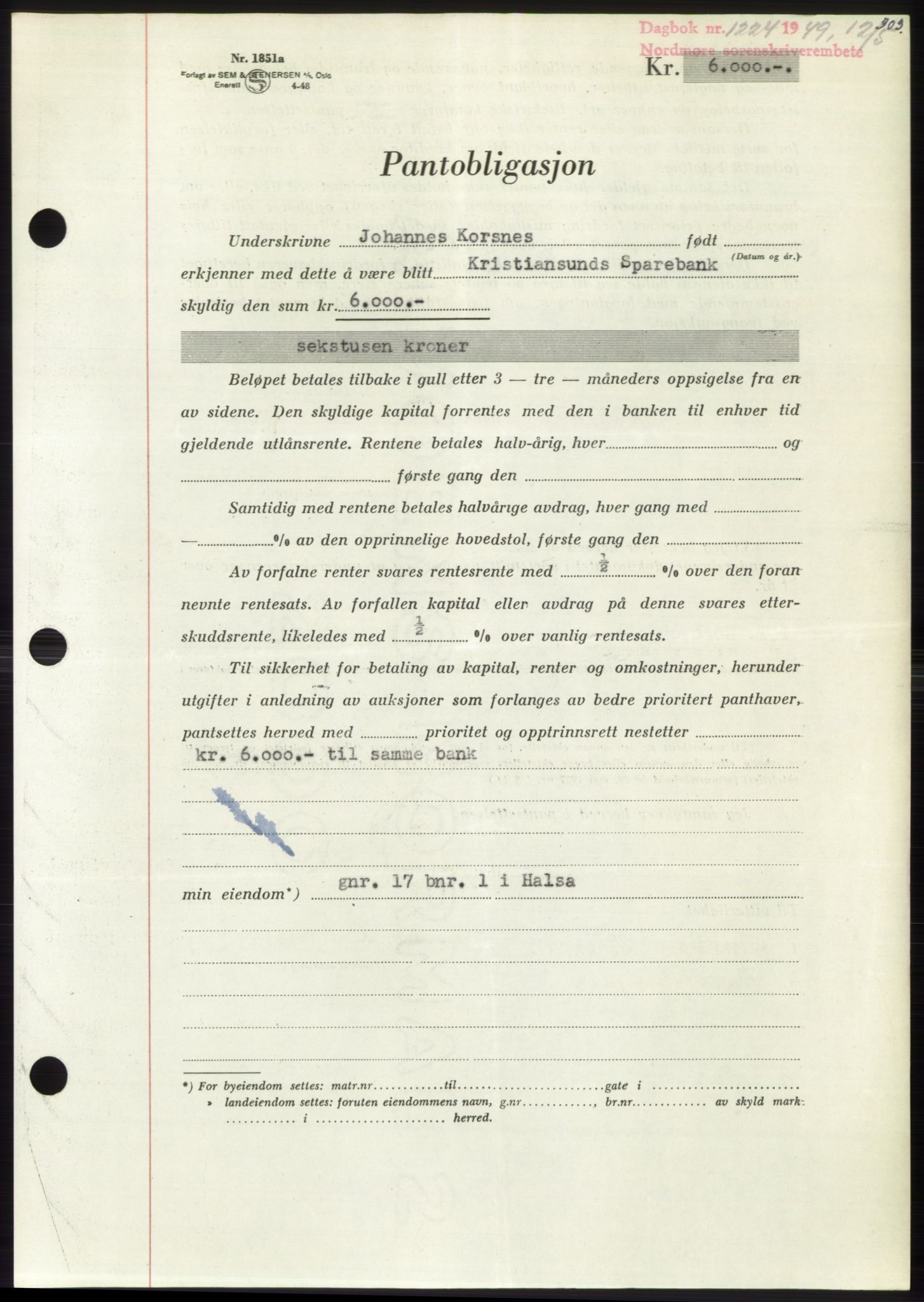 Nordmøre sorenskriveri, AV/SAT-A-4132/1/2/2Ca: Mortgage book no. B101, 1949-1949, Diary no: : 1224/1949