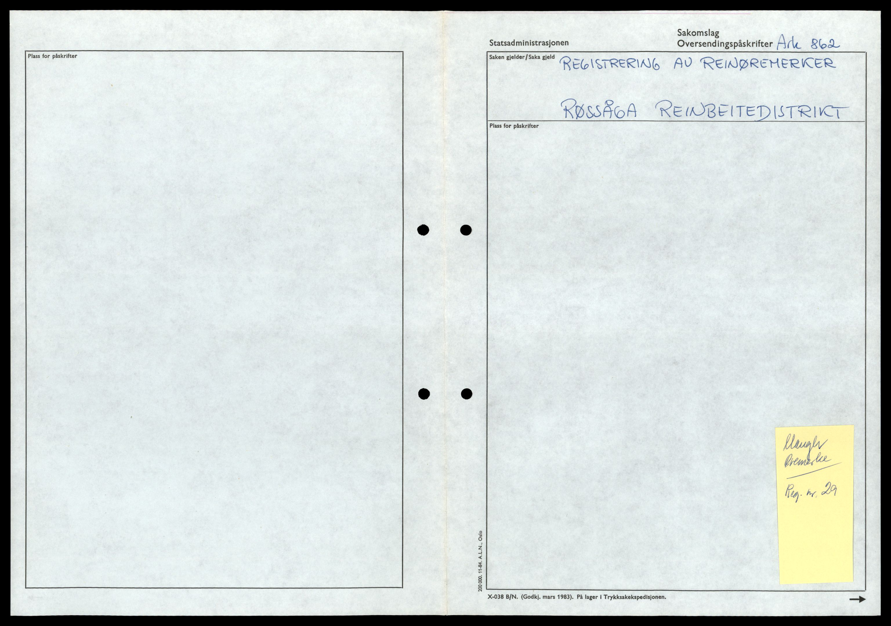 Reindriftsforvaltningen Nordland, SAT/A-5309/D/Dc/L0503/0001: Korrespondanse ordnet etter arkivnøkkel / Reinmerker - Fortegnelser, kladder, Nordland, 1960-2000, p. 695