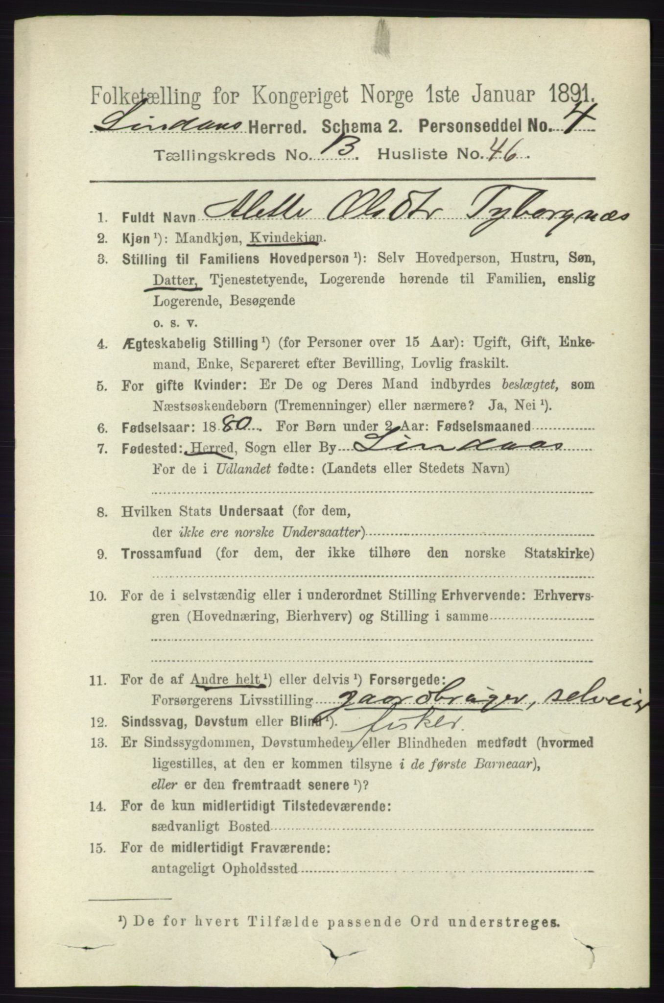 RA, 1891 census for 1263 Lindås, 1891, p. 4831