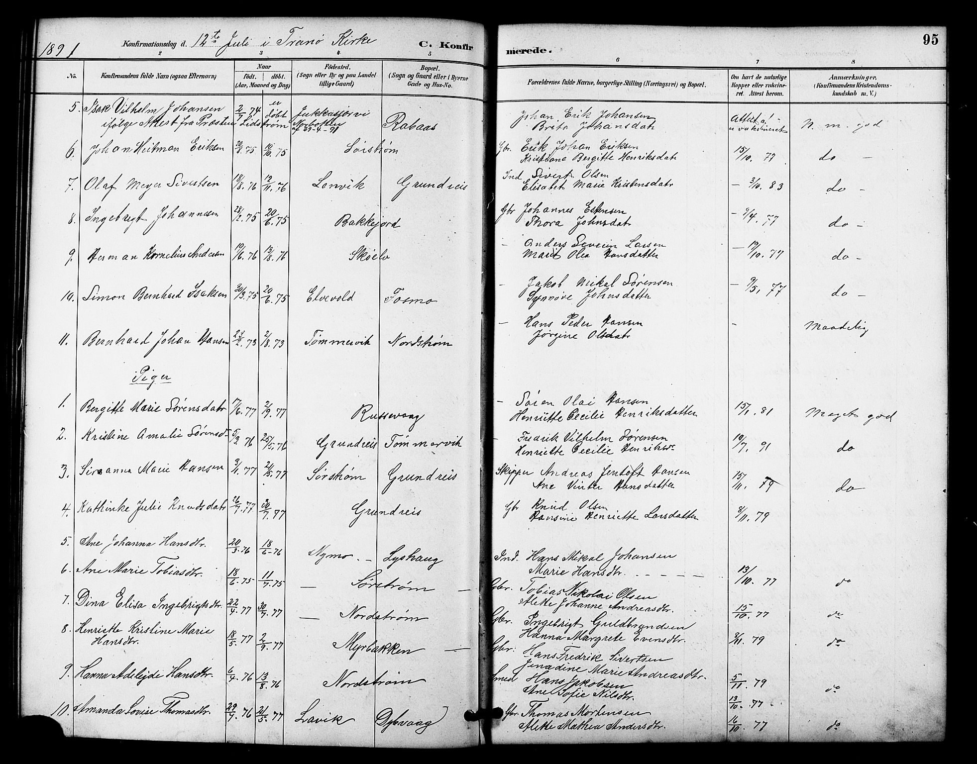 Tranøy sokneprestkontor, SATØ/S-1313/I/Ia/Iab/L0022klokker: Parish register (copy) no. 22, 1887-1912, p. 95