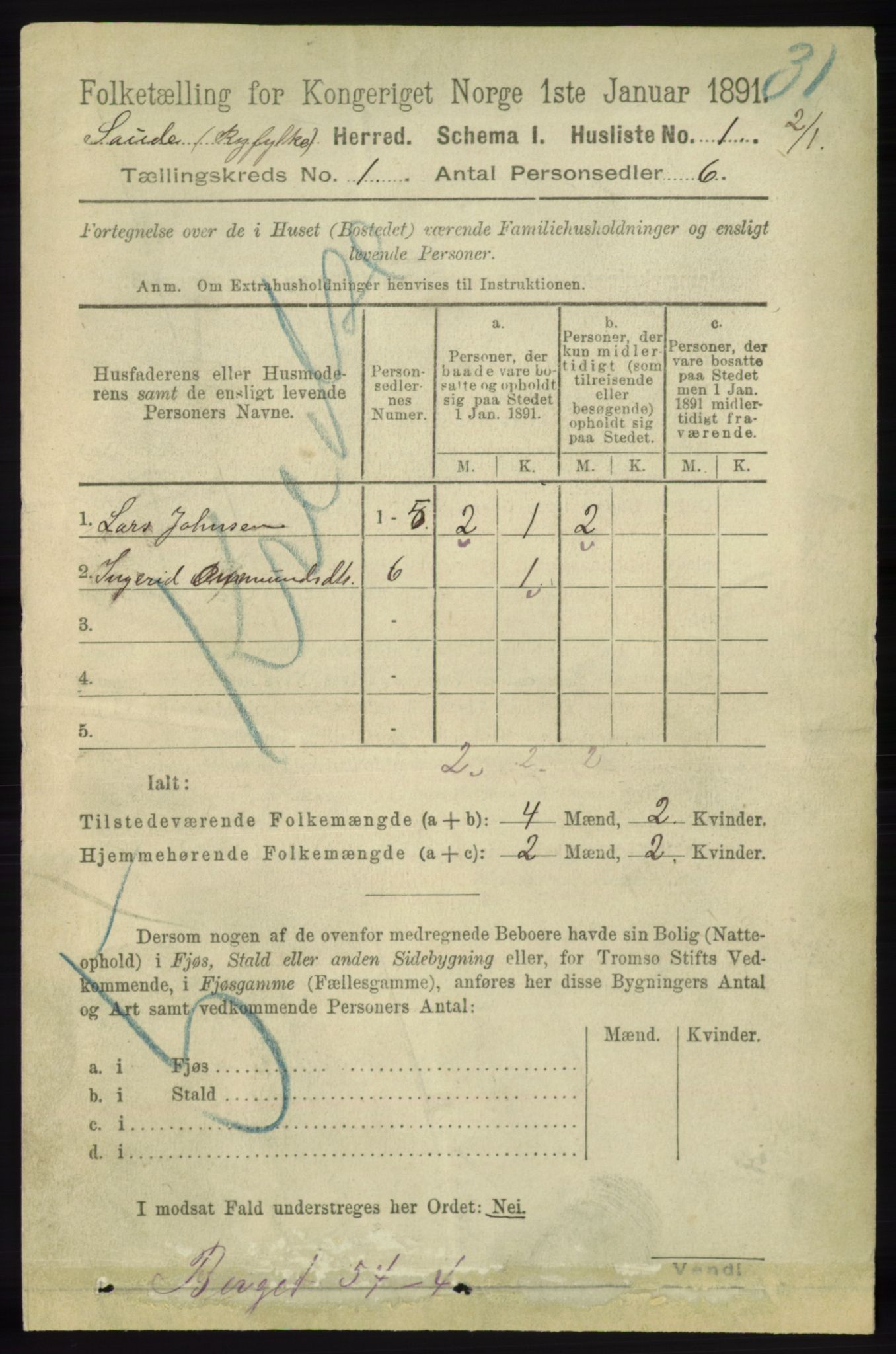 RA, 1891 census for 1135 Sauda, 1891, p. 18
