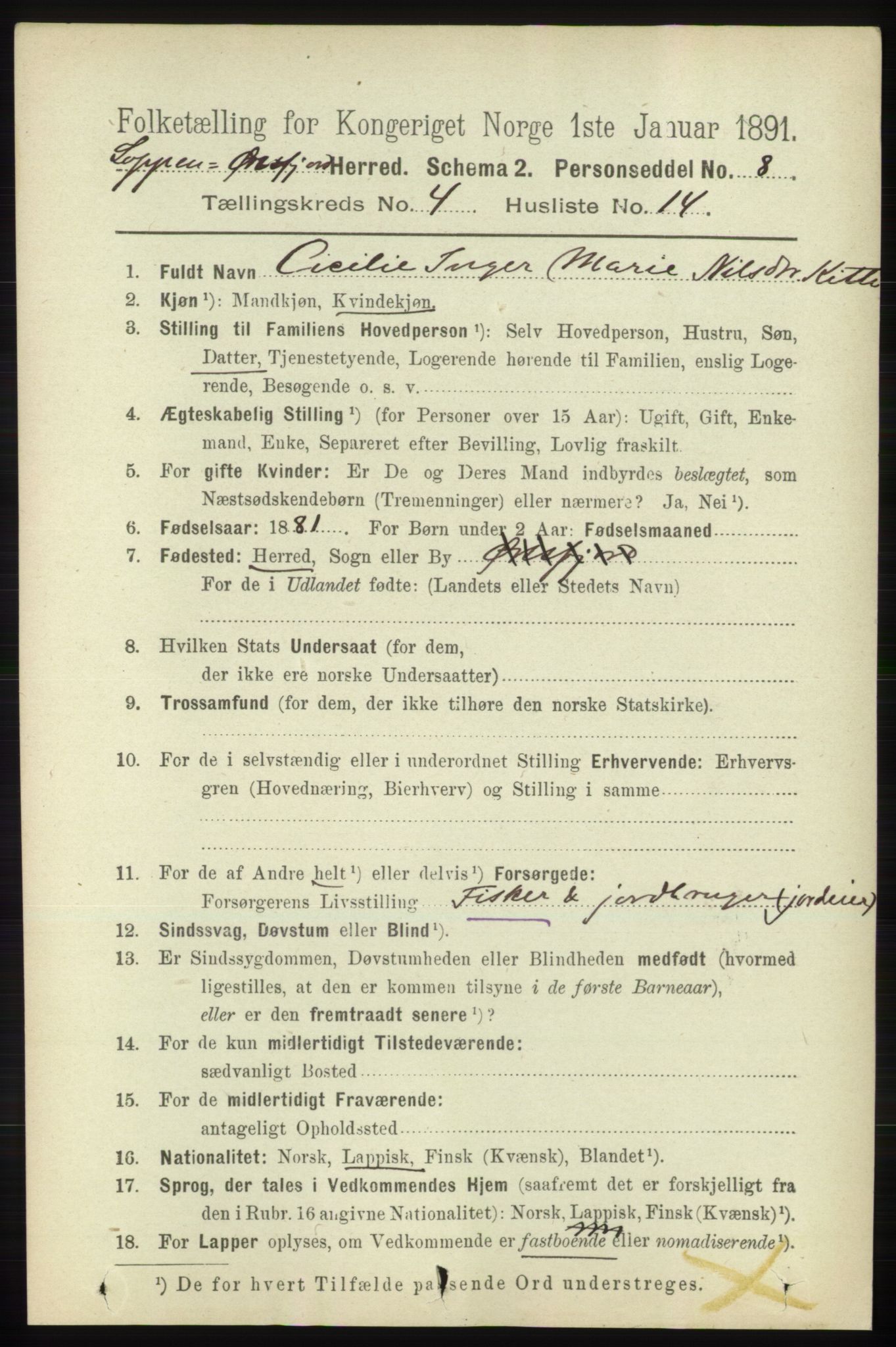 RA, 1891 census for 2014 Loppa, 1891, p. 951