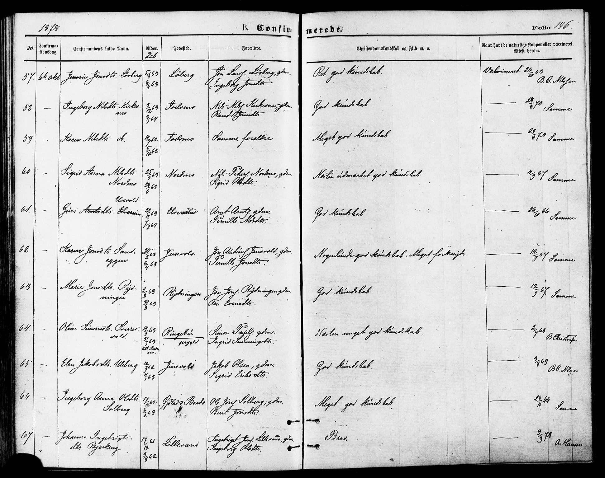 Målselv sokneprestembete, SATØ/S-1311/G/Ga/Gaa/L0005kirke: Parish register (official) no. 5, 1872-1884, p. 146