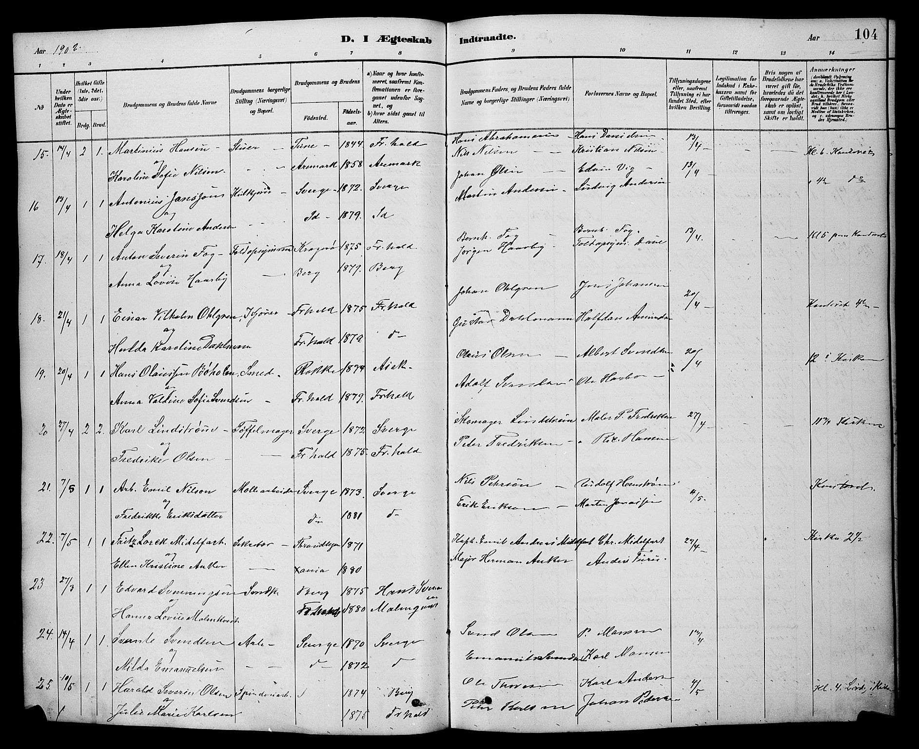 Halden prestekontor Kirkebøker, AV/SAO-A-10909/G/Ga/L0009: Parish register (copy) no. 9, 1885-1908, p. 104