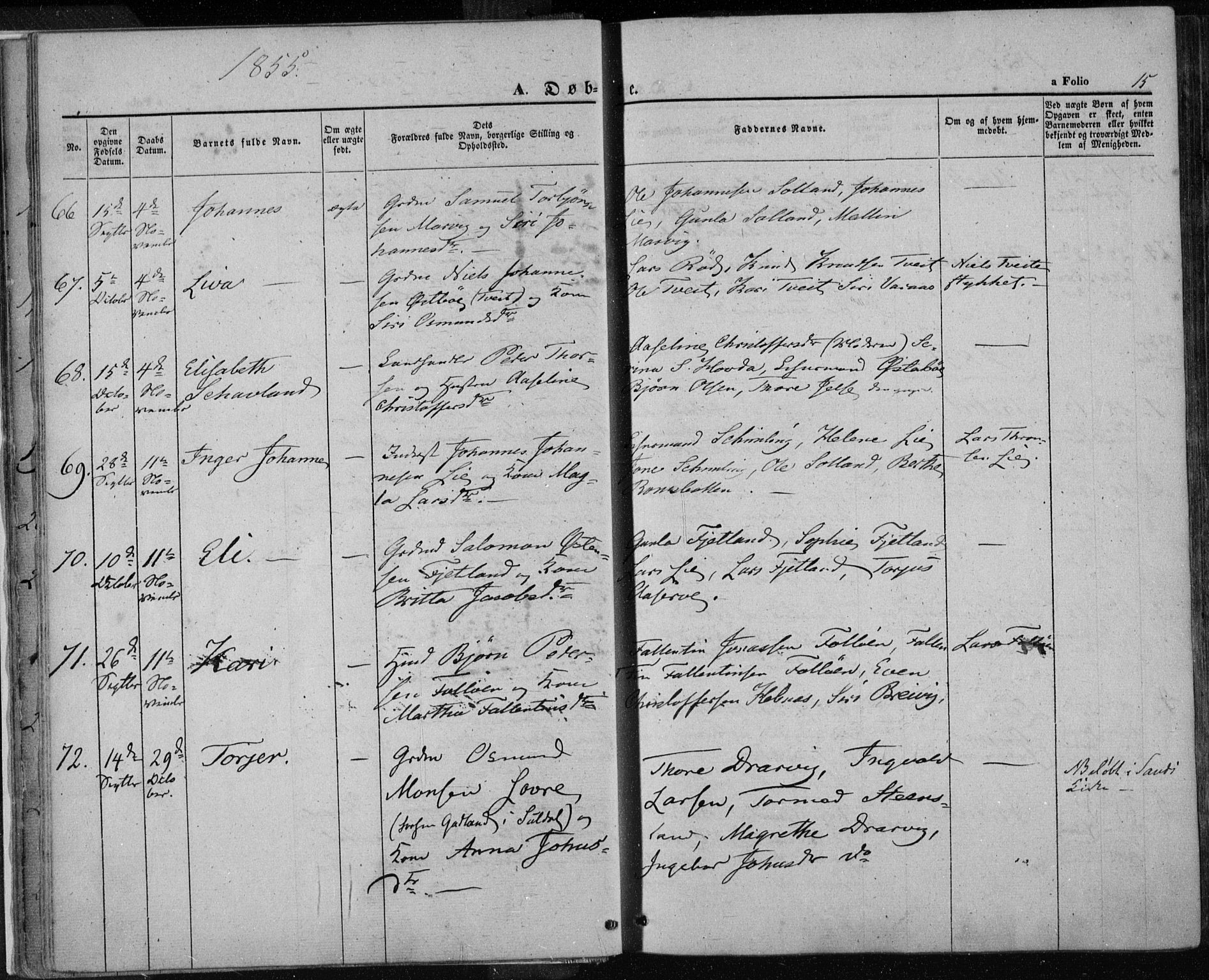 Jelsa sokneprestkontor, AV/SAST-A-101842/01/IV: Parish register (official) no. A 7, 1854-1866, p. 15