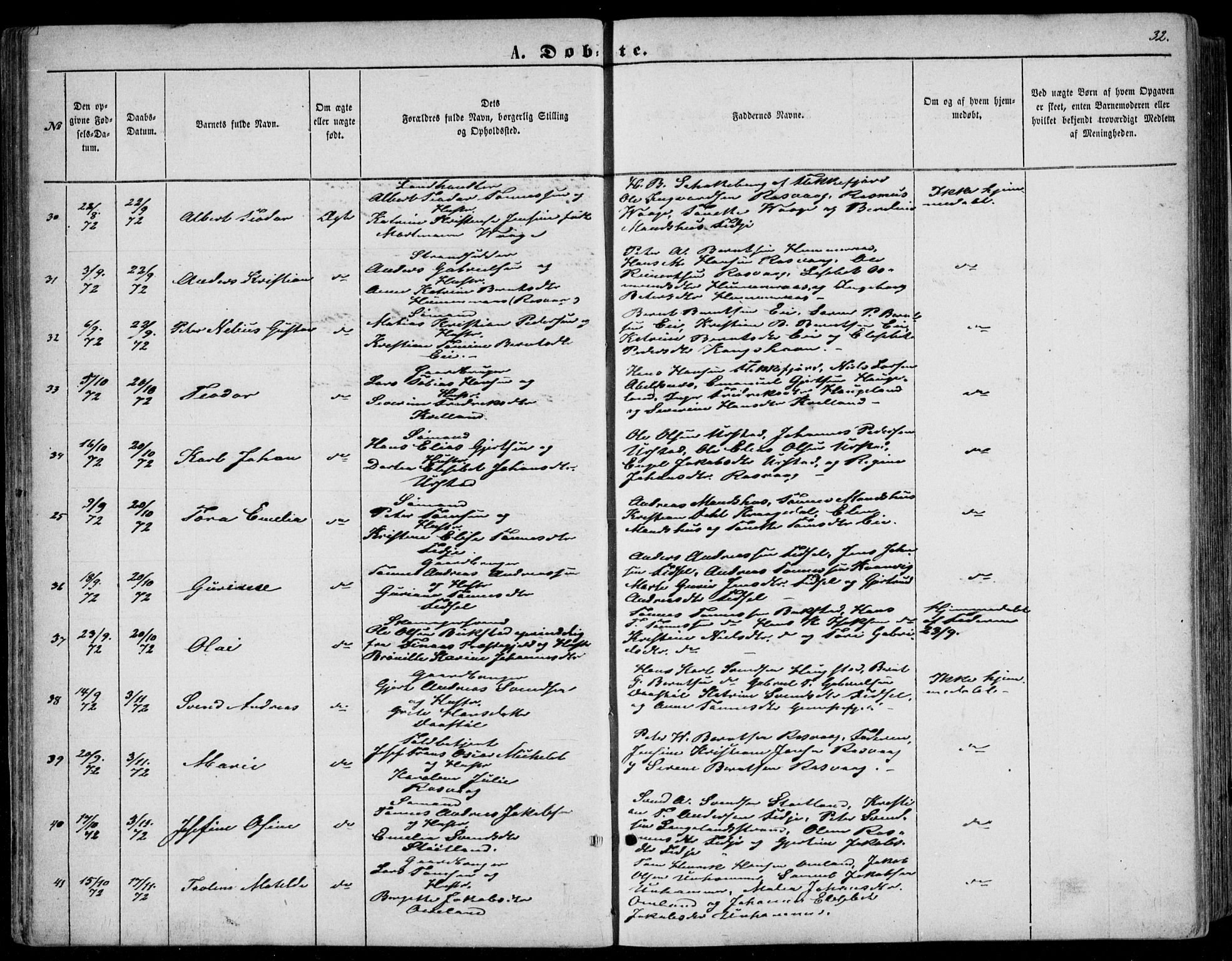 Flekkefjord sokneprestkontor, AV/SAK-1111-0012/F/Fb/Fbb/L0003: Parish register (copy) no. B 3, 1867-1889, p. 32