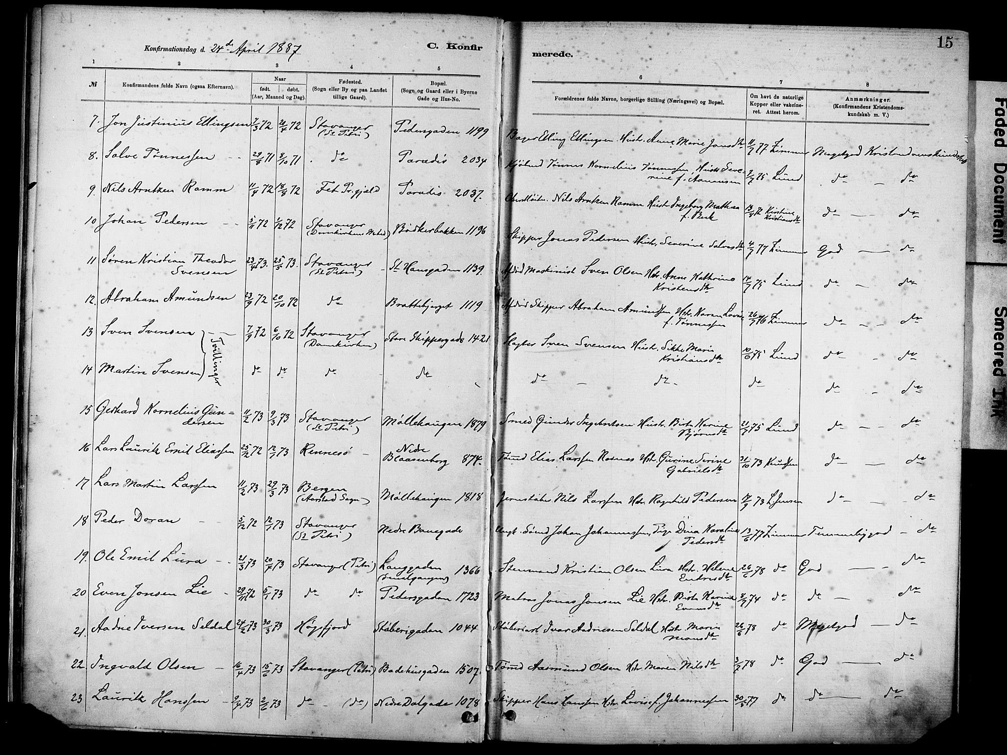 St. Johannes sokneprestkontor, SAST/A-101814/001/30/30BA/L0002: Parish register (official) no. A 2, 1885-1899, p. 15