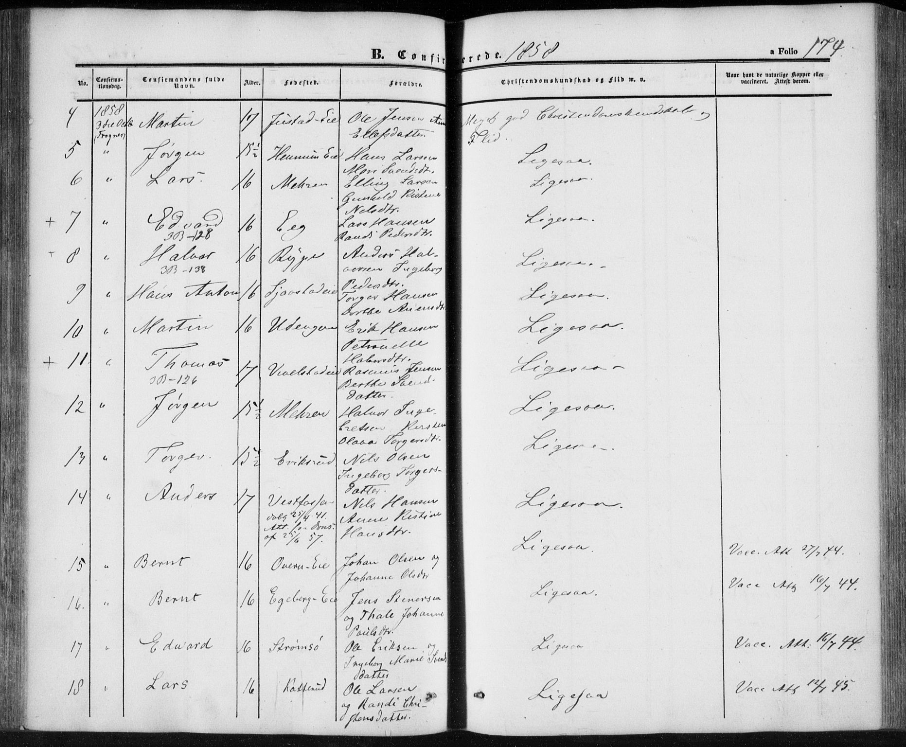 Lier kirkebøker, AV/SAKO-A-230/F/Fa/L0012: Parish register (official) no. I 12, 1854-1864, p. 174