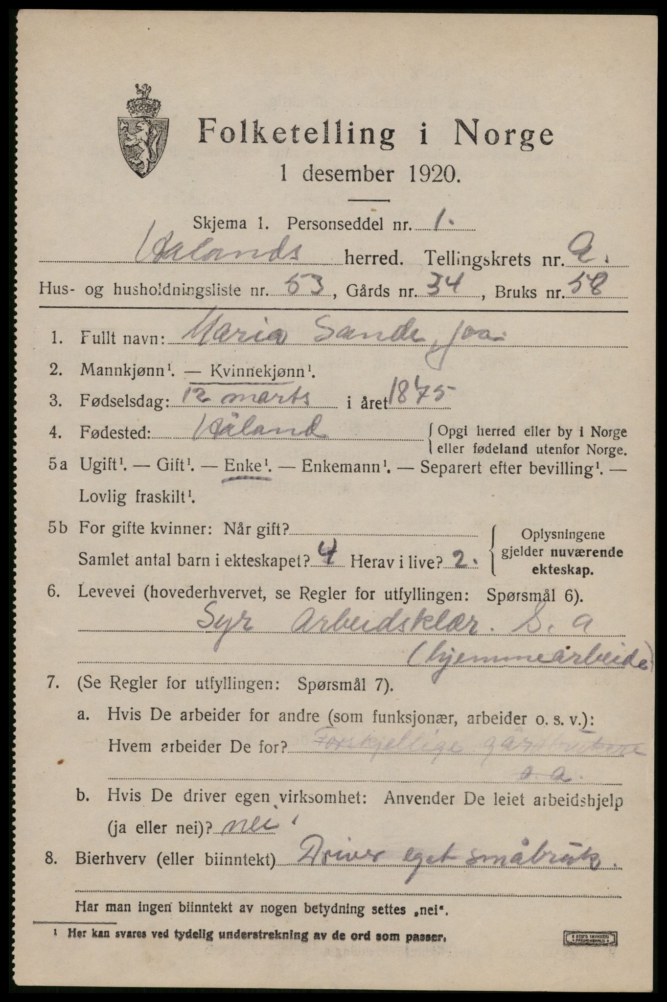 SAST, 1920 census for Håland, 1920, p. 7501