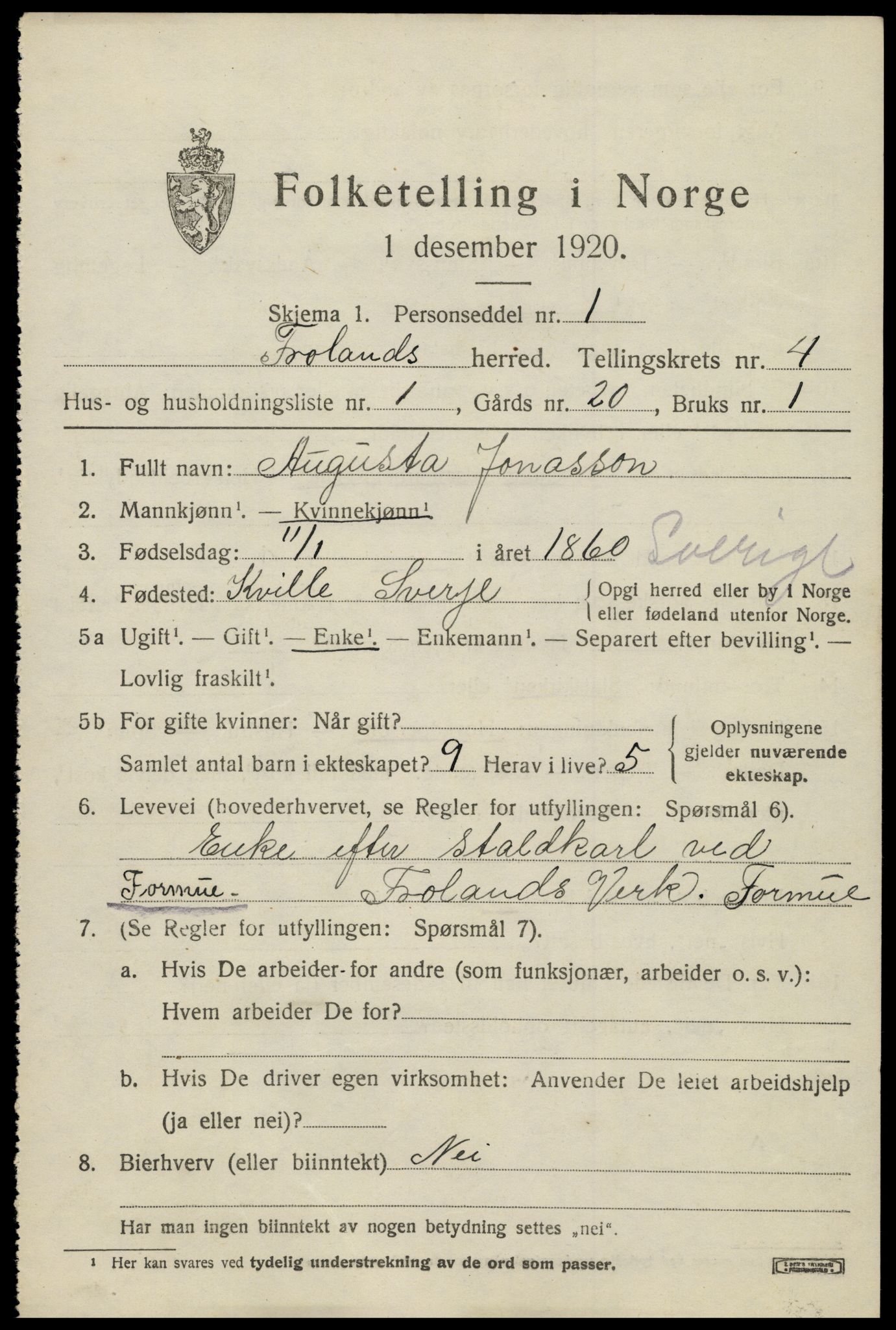 SAK, 1920 census for Froland, 1920, p. 3143