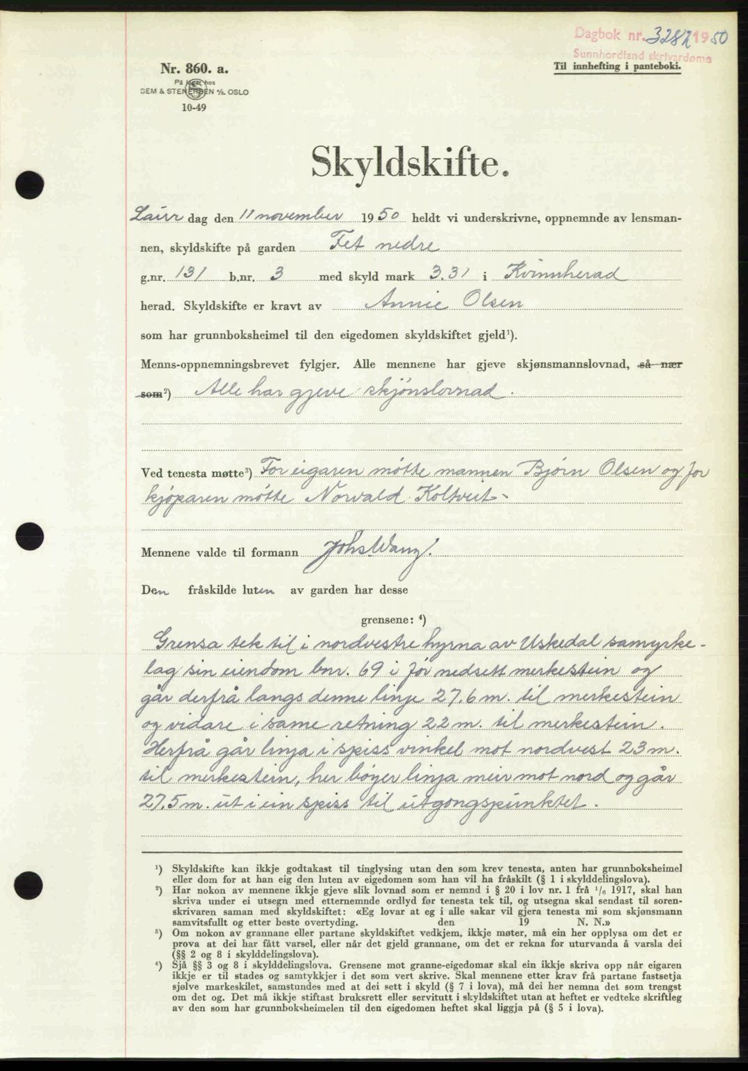 Sunnhordland sorenskrivar, AV/SAB-A-2401: Mortgage book no. A95, 1950-1950, Diary no: : 3282/1950