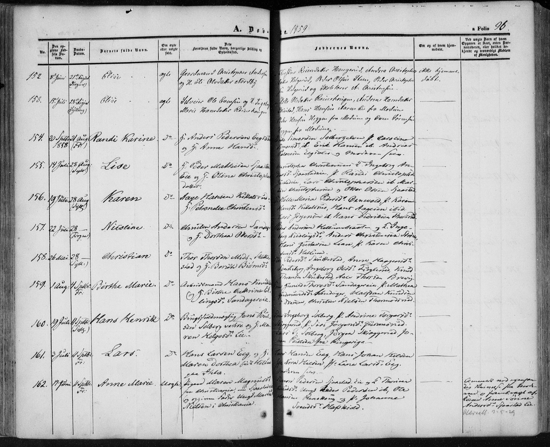 Lier kirkebøker, AV/SAKO-A-230/F/Fa/L0012: Parish register (official) no. I 12, 1854-1864, p. 96