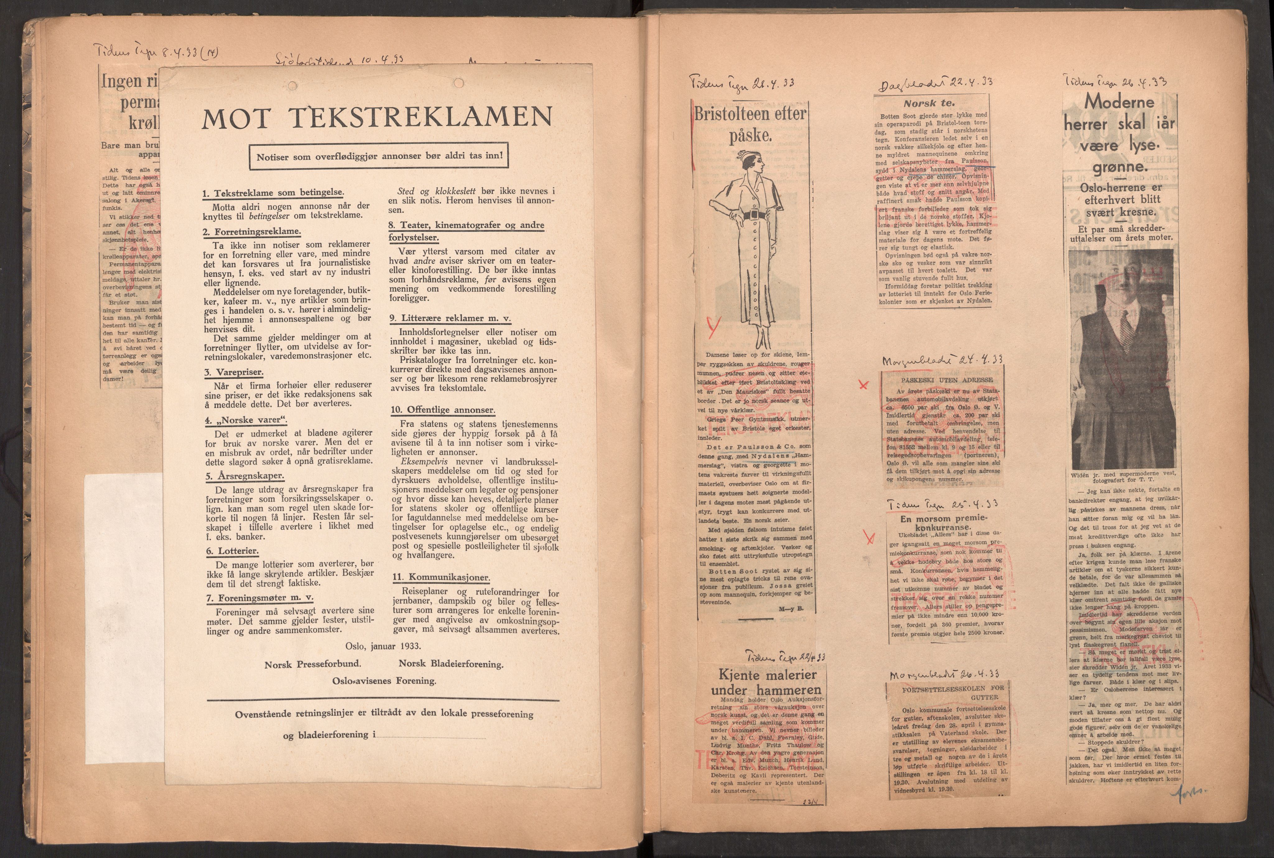 Tekstreklameutvalget, AV/RA-PA-0854/A/Aa/L0007: Meldinger til avisene, avisutklipp stemplet med den røde hånd, 1933-1934