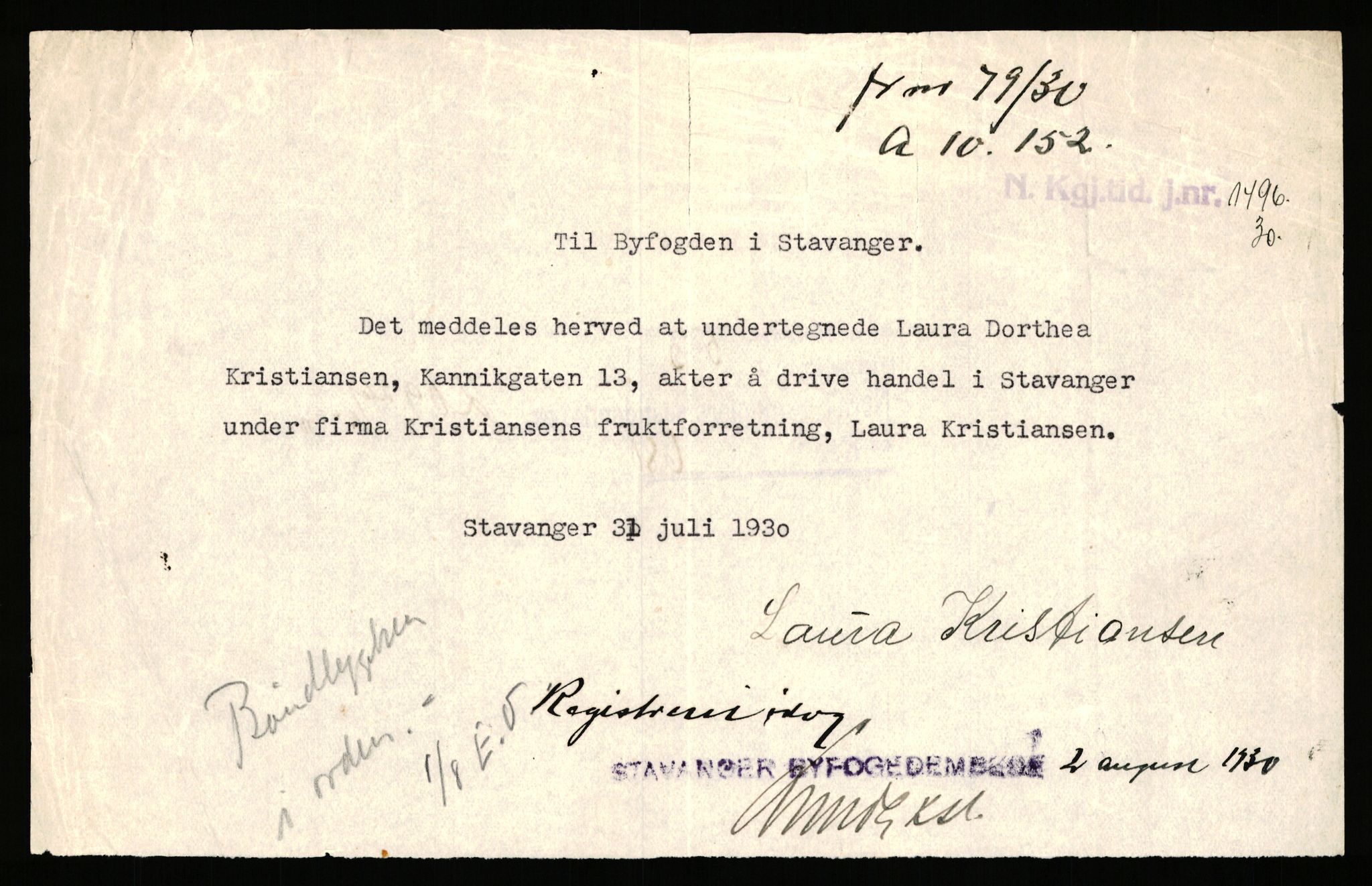 Stavanger byfogd, SAST/A-101408/002/J/Jd/Jde/L0004: Registreringsmeldinger og bilag. Enkeltmannsforetak, 1001-1350, 1891-1990, p. 50