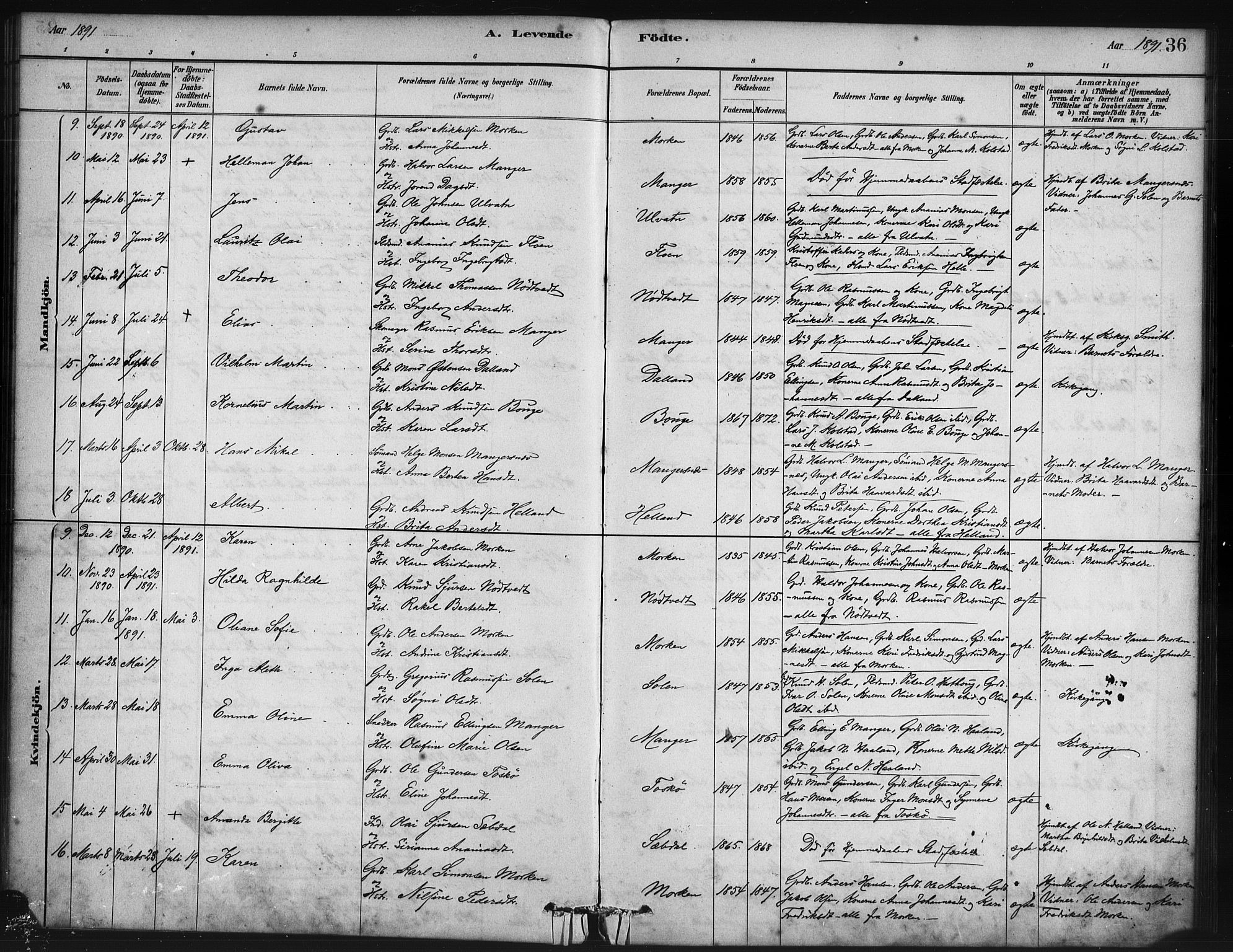 Manger sokneprestembete, SAB/A-76801/H/Haa: Parish register (official) no. B 1, 1881-1892, p. 36