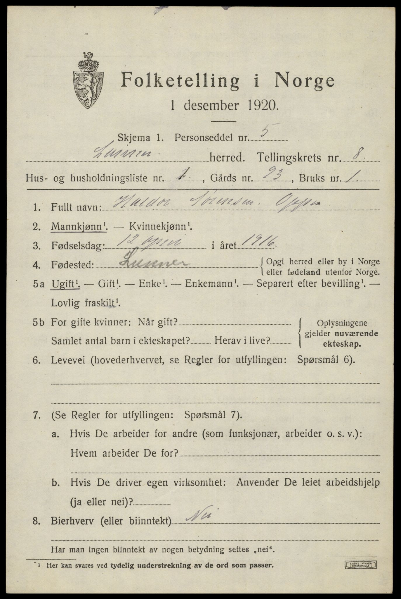 SAH, 1920 census for Lunner, 1920, p. 8989