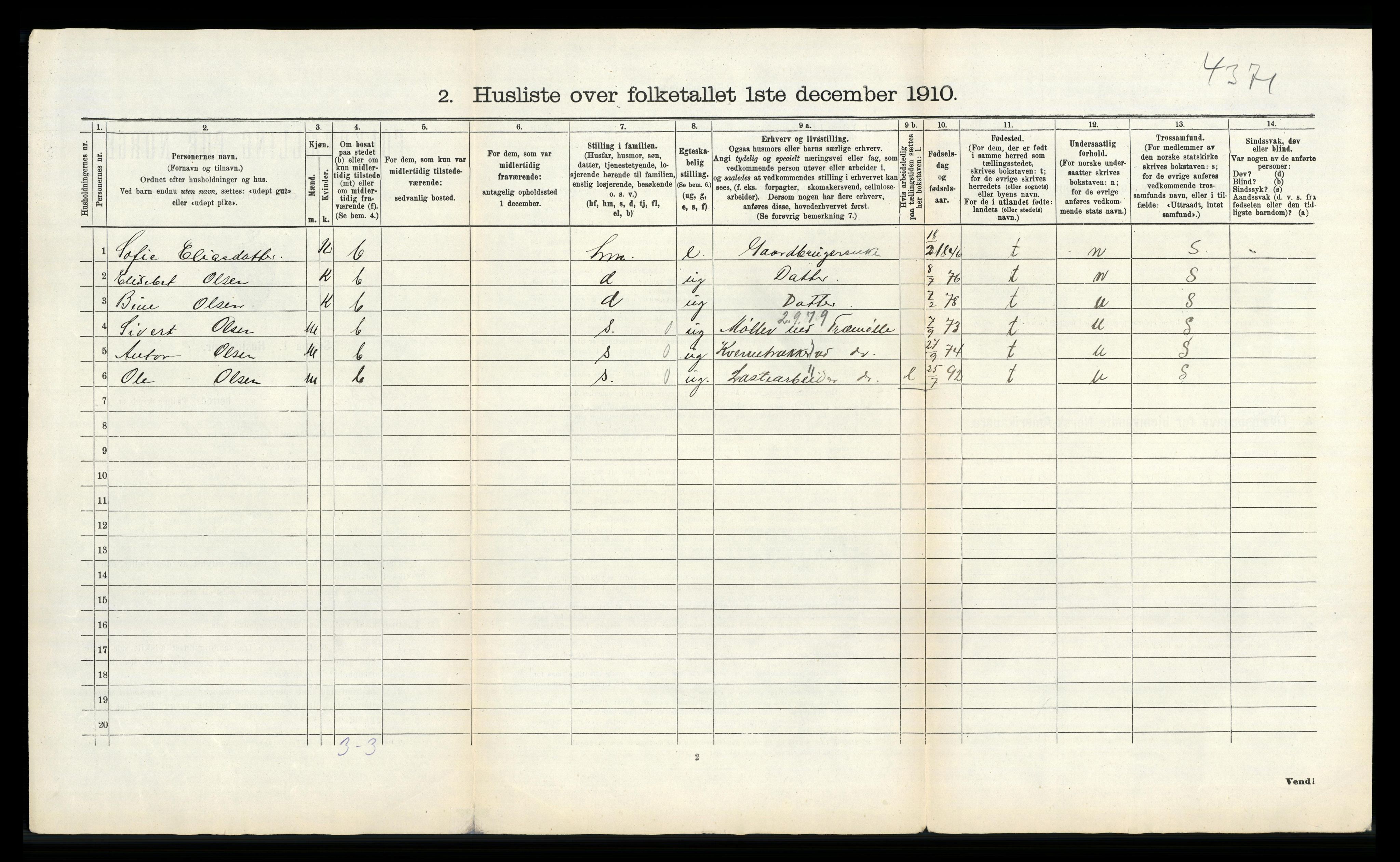 RA, 1910 census for Sokndal, 1910, p. 53